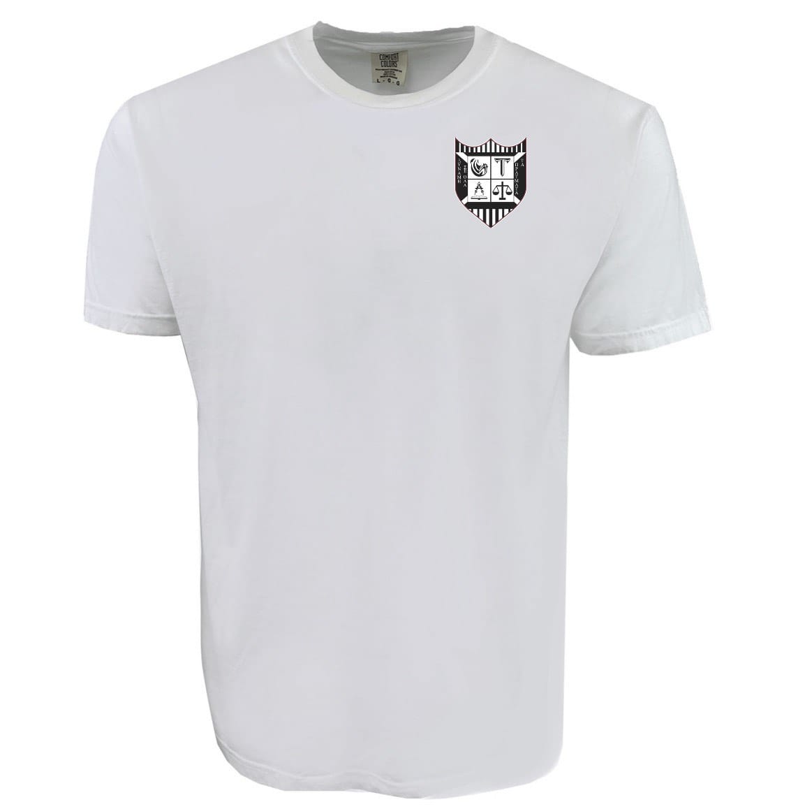The Troy Rugby Comfort Tee by EMB S&S Activewear is crafted from soft ring-spun USA cotton and features a small black and white crest with symbols on the left chest.