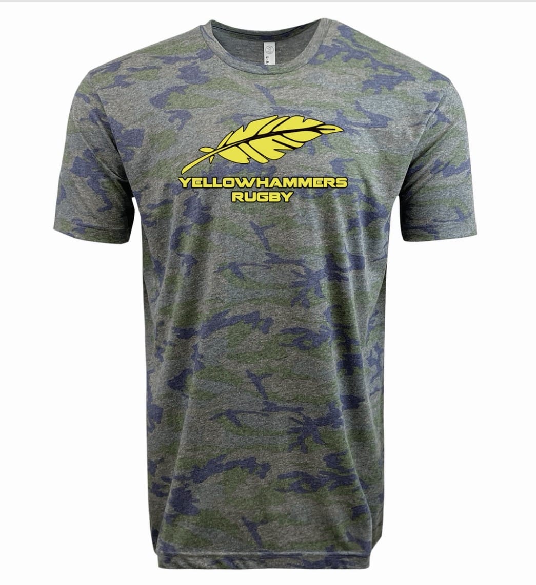 The WRS LAT Montgomery Yellowhammers Supersoft Tee is a gray camo unisex shirt with a yellow feather and bold "YELLOWHAMMERS RUGBY" on the front, crafted from supersoft cotton for all-day comfort.
