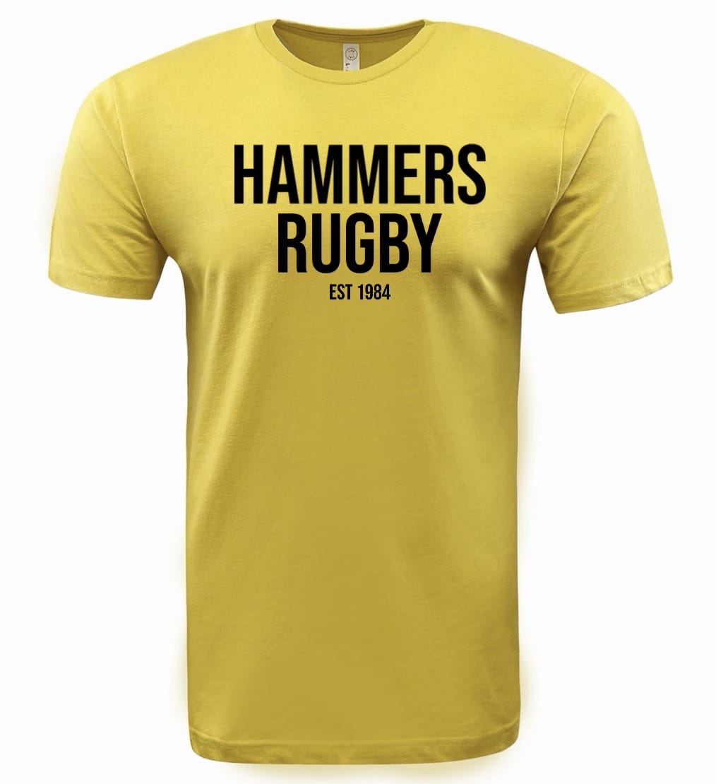 The WRS LAT Montgomery Yellowhammers "Hammers Rugby" Supersoft Tee is a yellow unisex shirt with “HAMMERS RUGBY EST 1984” in bold black on the front, crafted from supersoft cotton for all-day comfort.