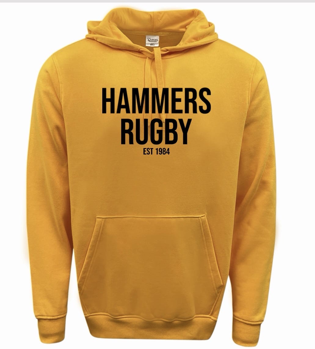 The WRS Augusta Montgomery Yellowhammers "Hammers Rugby" 60/40 Hoodie features a front pocket and bold "HAMMERS RUGBY EST 1984" chest print—a perfect custom fan addition to your athletic fleece collection.