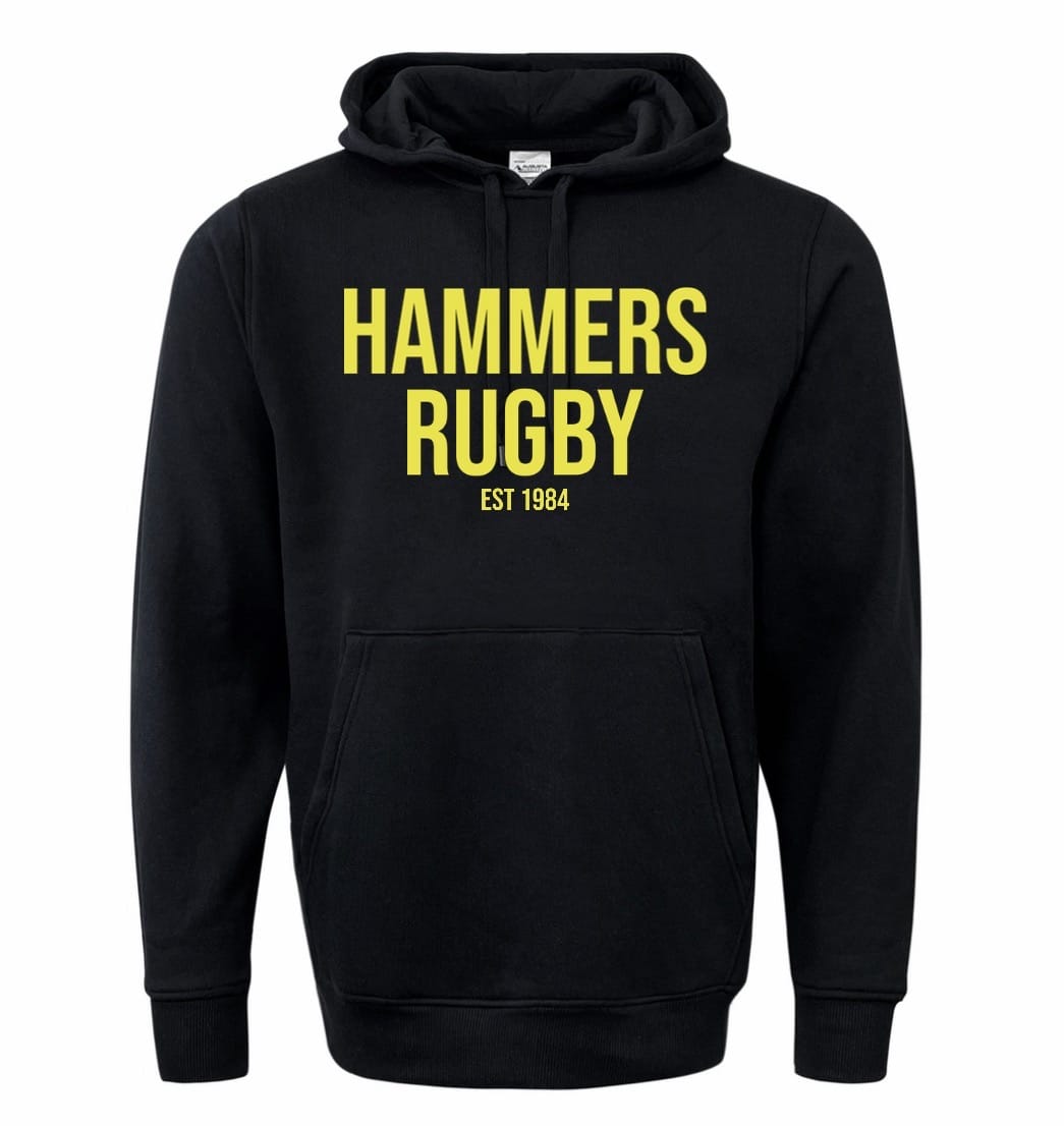 The Montgomery Yellowhammers "Hammers Rugby" 60/40 Hoodie by WRS Augusta features a front pocket and bold yellow "HAMMERS RUGBY EST 1984" text—ideal custom fan wear for any supporter.