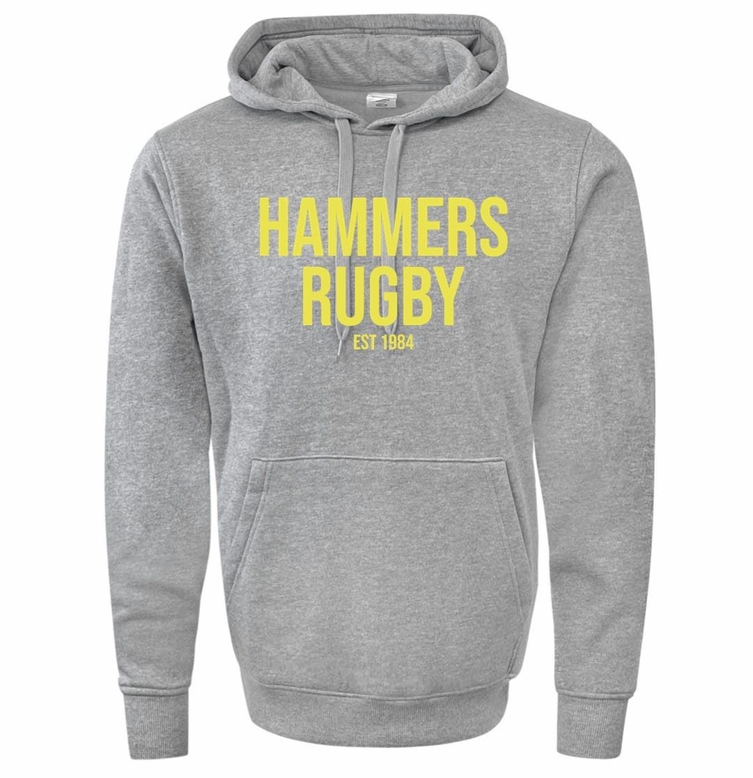 Show your team spirit with the WRS Augusta Montgomery Yellowhammers "Hammers Rugby" 60/40 Hoodie—a gray athletic fleece featuring "HAMMERS RUGBY EST. 1884" in bold yellow on the front, perfect custom fan wear for any supporter.