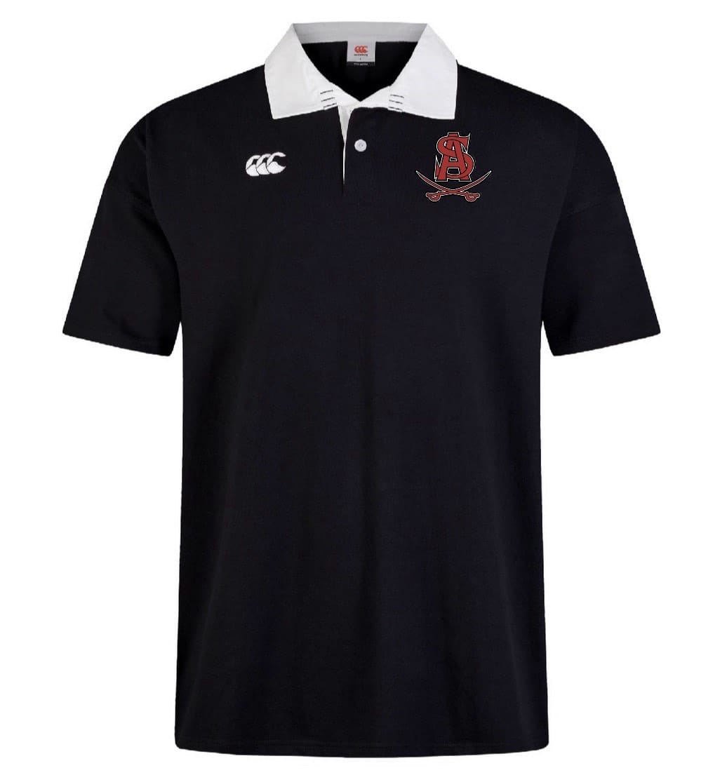 The Archbishop Spalding Solid Classic SS Rugby Jersey by EMB Canterbury is a black short-sleeved polo featuring a white collar, Canterbury branding on the right chest, and a red embroidered "SA" with crossed swords on the left.