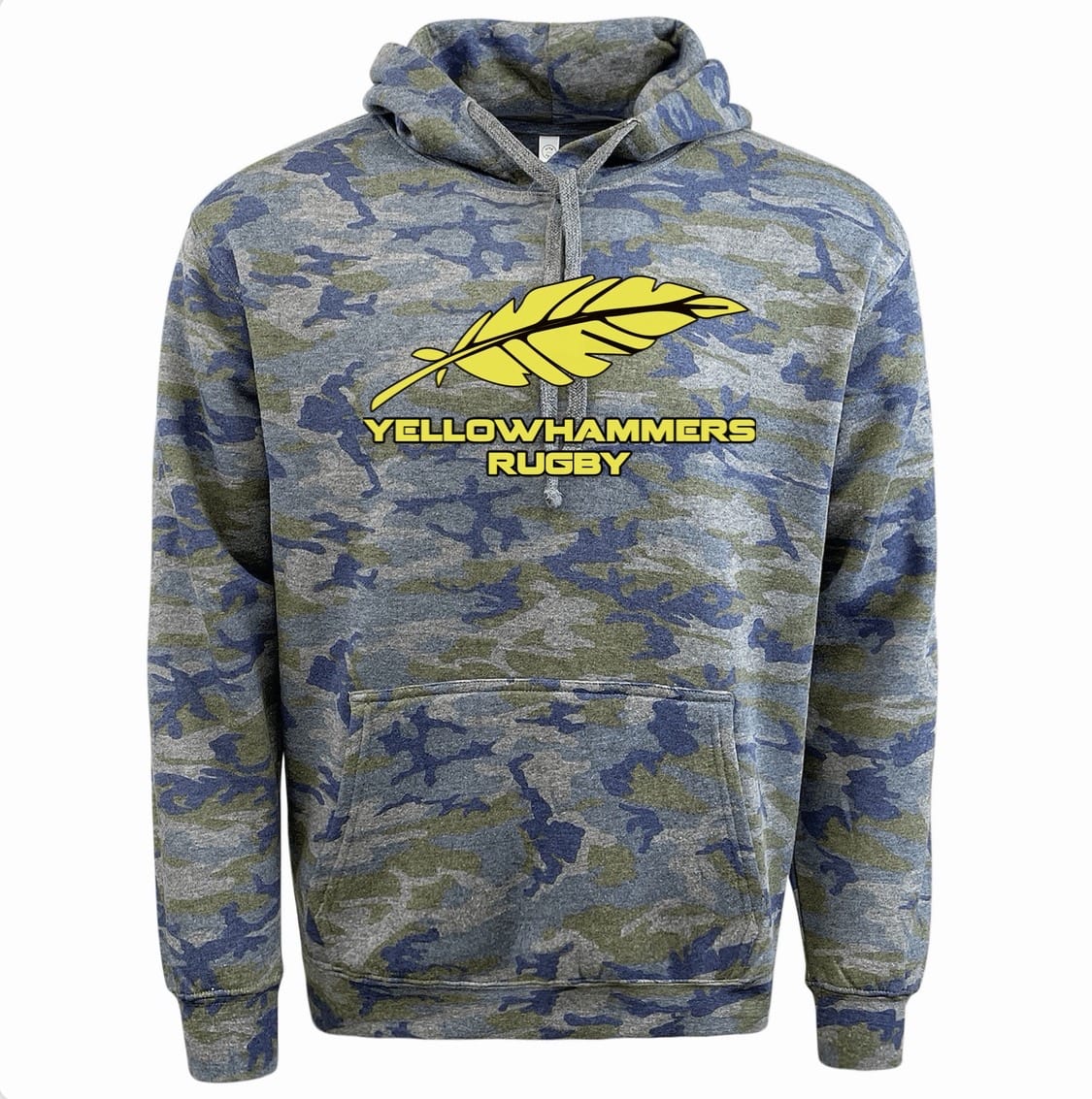 Show your team spirit in the Montgomery Yellowhammers Camo 60/40 Hoodie by WRS LAT, featuring blue and gray camo with a yellow feather and "Yellowhammers Rugby" on the front.