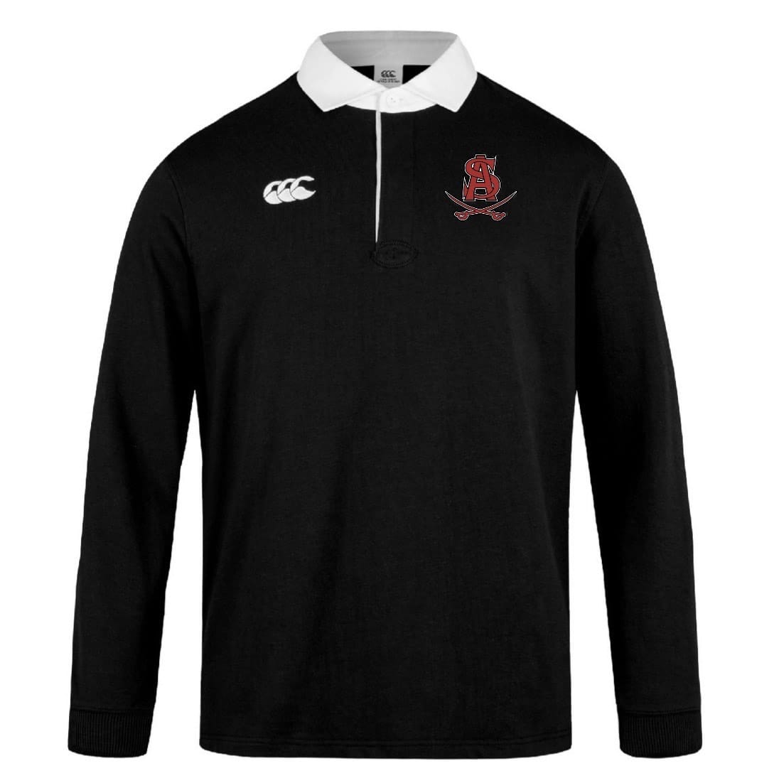The Archbishop Spalding Fundamental Classic LS Rugby Jersey by EMB Canterbury features a black body, white collar, white logo on the right chest, and a red embroidered crest—ideal for fans of classic Canterbury rugby shirt styling.