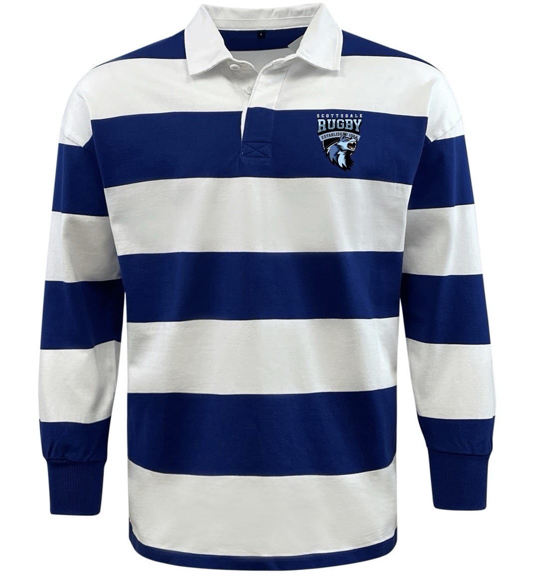 The EMB Mudoo Scottsdale Rugby Royal Classic Long Sleeve Hooped Rugby Jersey features wide blue and white stripes, a "Rugby" team logo on the left chest, and classic long sleeves for timeless style.