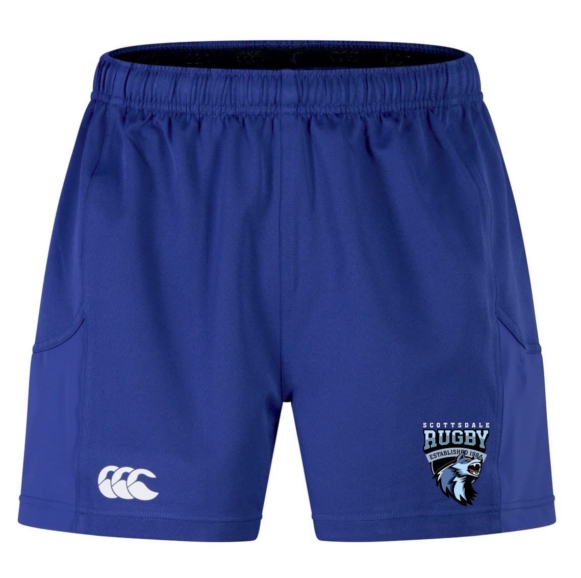 The Scottsdale Rugby Royal Advantage Short 2.0 by EMB Canterbury features an elastic waistband, side pockets, and dual logos—crafted from recycled rugby apparel for lasting performance.