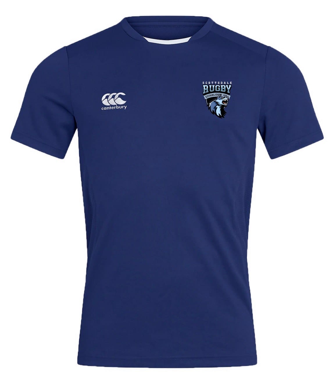 The Scottsdale Rugby Royal Club Dry Tee by EMB Canterbury is a plain blue, short-sleeved rugby shirt with the Canterbury logo on the right chest and a Scottsdale Rugby badge on the left, offering breathable comfort and performance.