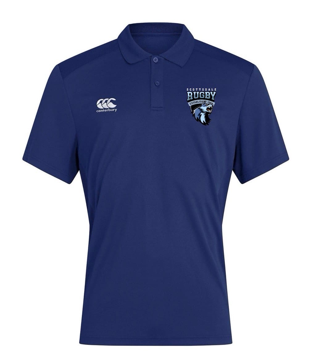 The Scottsdale Rugby Royal Club Dry Polo by EMB Canterbury features a sleek logo and is crafted with Vapodri Technology for superior comfort and performance.