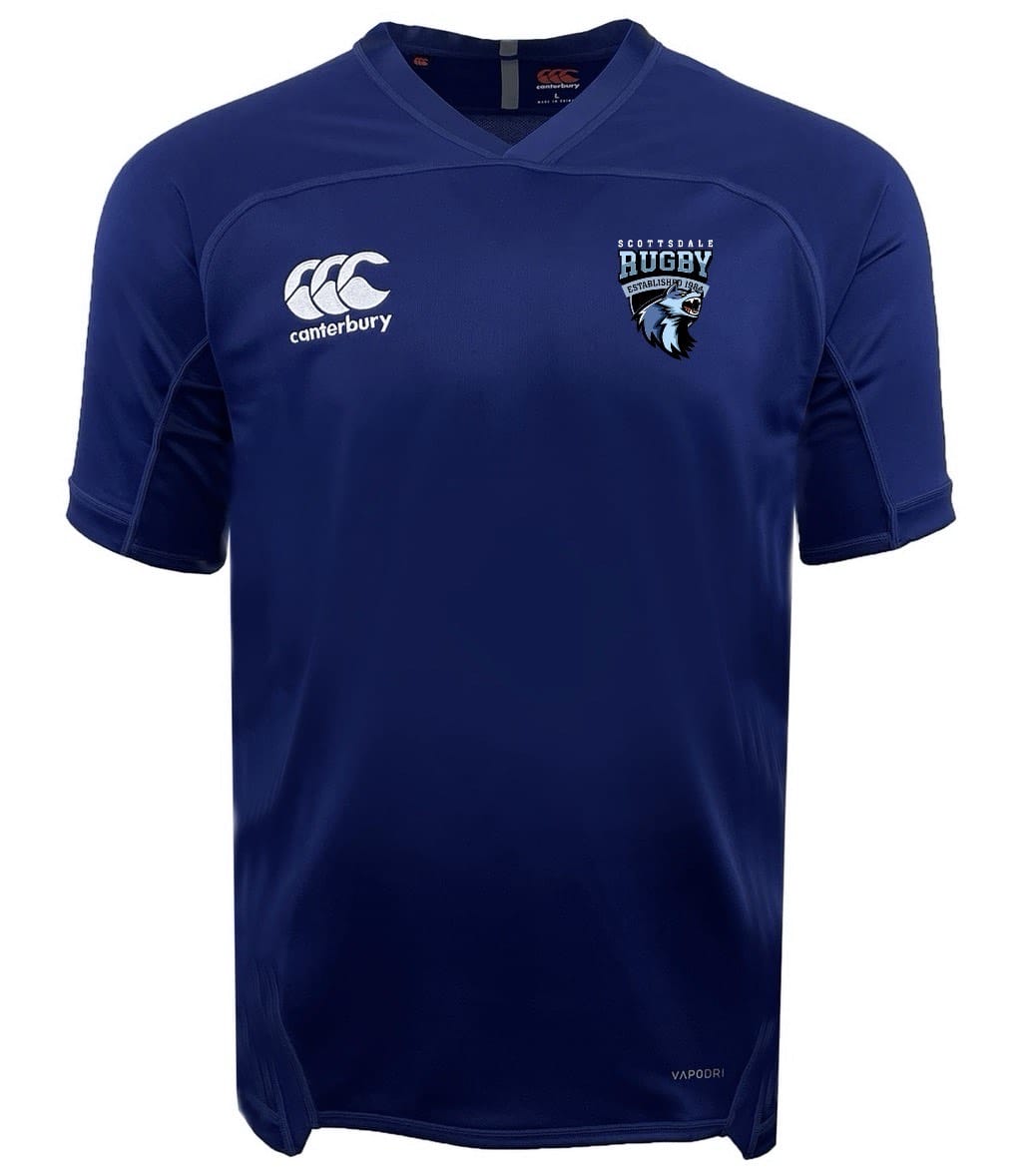 The Scottsdale Rugby Royal Evader Jersey by EMB Canterbury features short sleeves, “Canterbury” and team logos on the chest, and moisture-wicking fabric for comfort on or off the field.