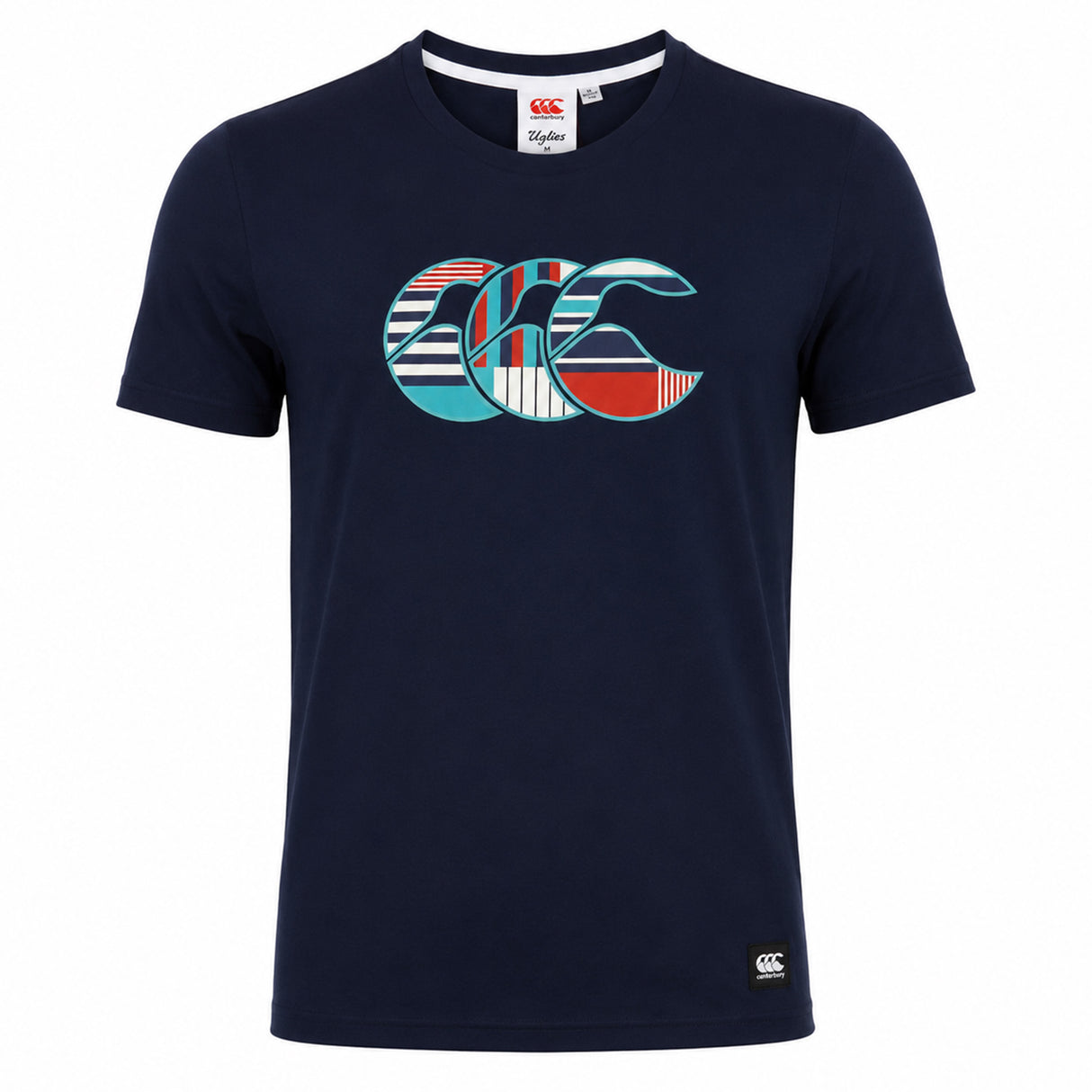 The Canterbury Uglies Logo T-Shirt by Canterbury is a women's rugby tee in navy blue with short sleeves, featuring a multicolored striped "CCC" logo on the chest and a small "CCC" label near the hem. Inspired by the iconic Canterbury rugby shirt style.