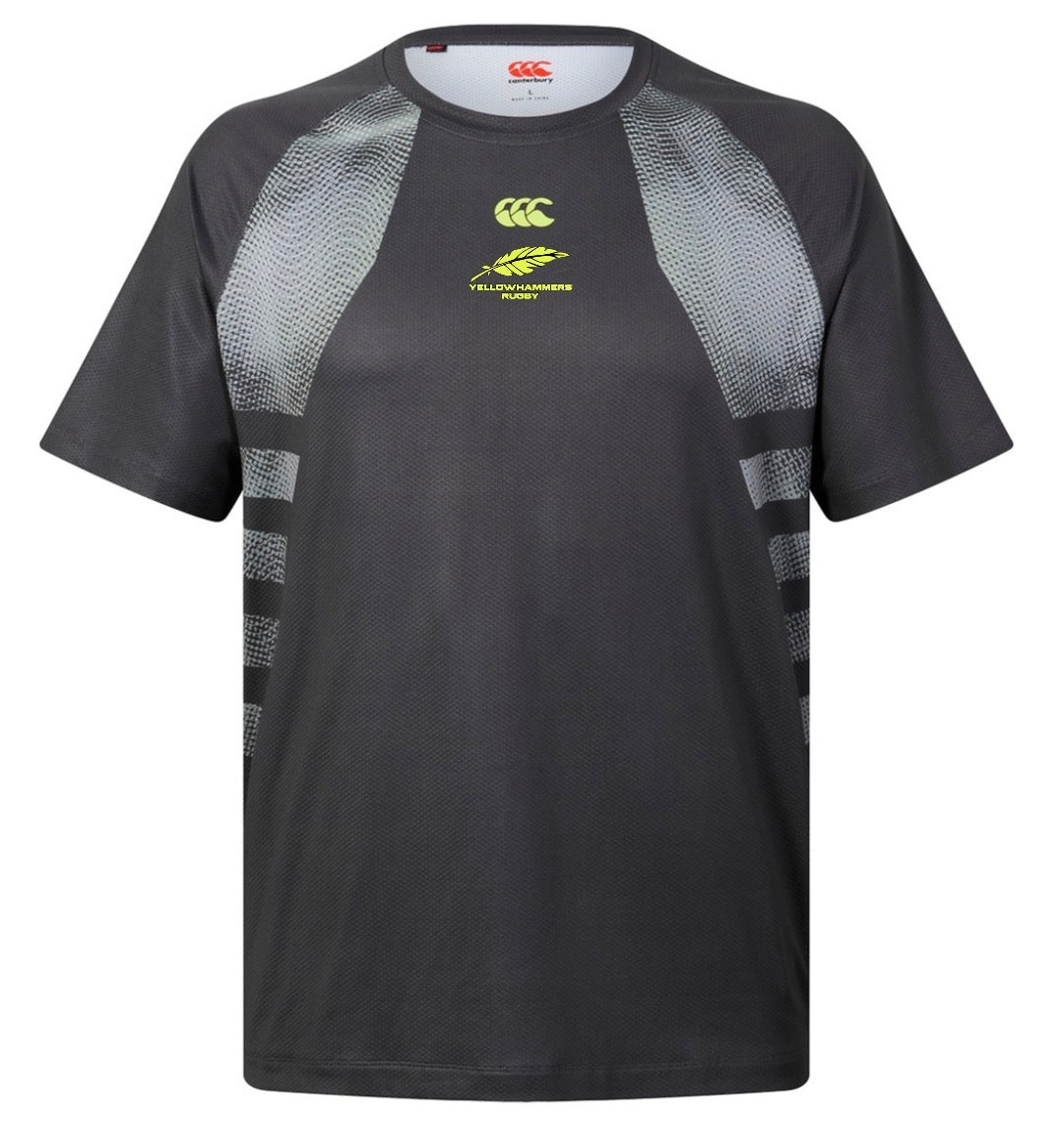 Montgomery Yellowhammers Tempo+ Training Tee by EMB Canterbury is a short-sleeve black athletic t-shirt featuring gray accents and a yellow logo, with “Yellowhammer” text on the front. Made by Canterbury, this moisture-wicking rugby shirt is designed for comfort and high performance.