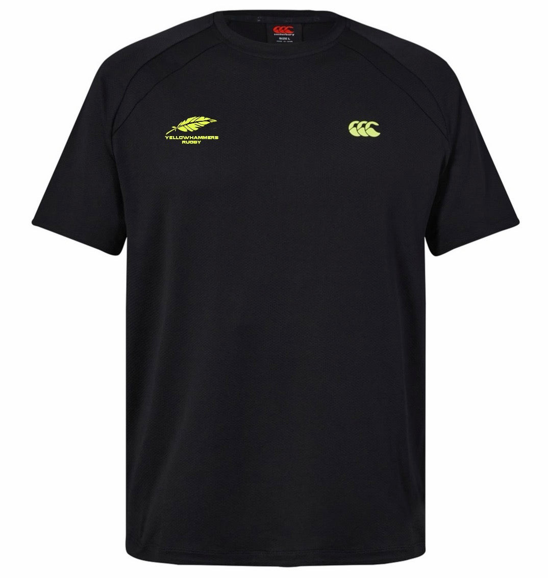 Introducing the Montgomery Yellowhammers Everest Training Tee by EMB Canterbury: a black, short-sleeve performance-fit rugby shirt featuring two yellow chest logos—the left displays “Yellowhammers Rugby,” while the right highlights the signature Canterbury CCC brand mark. Designed for maximum comfort and durability, this athletic tee is ideal for both on-field action and everyday wear.