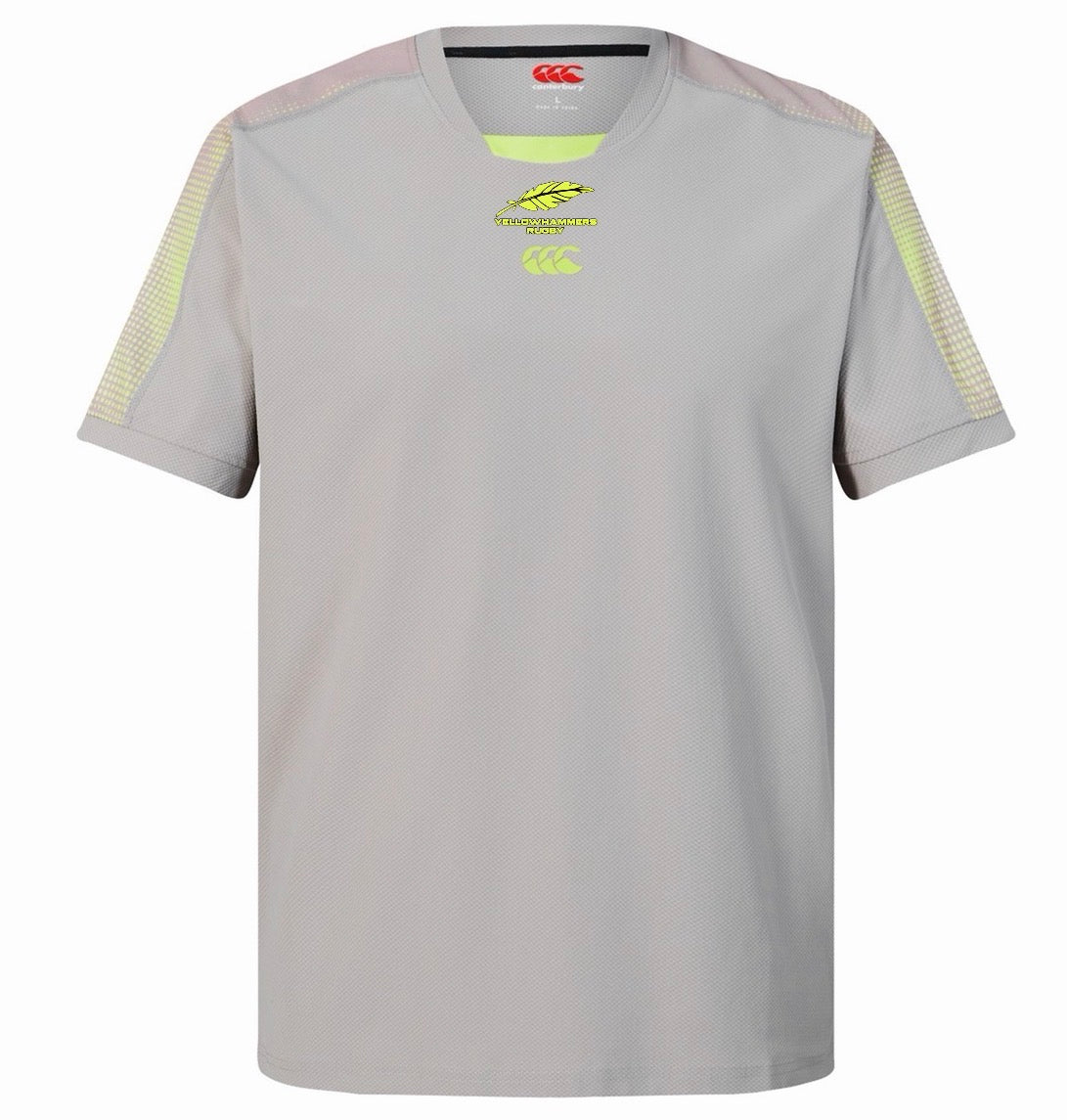 Introducing the Montgomery Yellowhammers Tempo + Drill Top by EMB Canterbury—a light grey, short-sleeved rugby training shirt featuring distinctive yellow accents on the shoulders and chest logos. Engineered with moisture-wicking performance fabric, this Canterbury drill top keeps you comfortable throughout every training session.