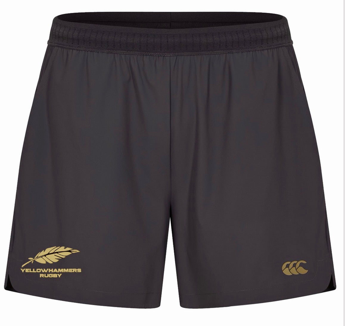 Montgomery Yellowhammers Everest Woven Shorts by Canterbury feature a gold feather logo with “YELLOWHAMMERS RUGBY” on the left leg and a gold CCC brand logo on the right leg. Designed by EMB Canterbury with four-way stretch fabric for maximum mobility and sweat-wicking technology to keep you comfortable during every match.