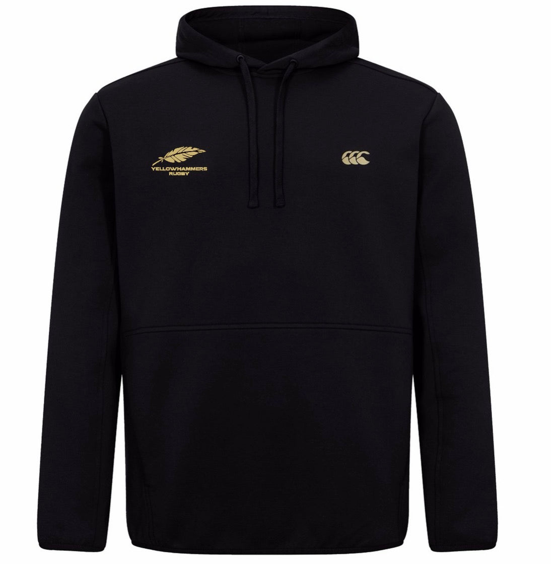 Montgomery Yellowhammers Tempo+ Hoodie by EMB Canterbury: Black hooded sweatshirt featuring gold embroidered logos on the chest, including a wheat symbol and the phrase “TELLURIDEHARNESS RUGBY.” Inspired by classic Canterbury sportswear, this rugby hoodie combines timeless style with modern comfort.