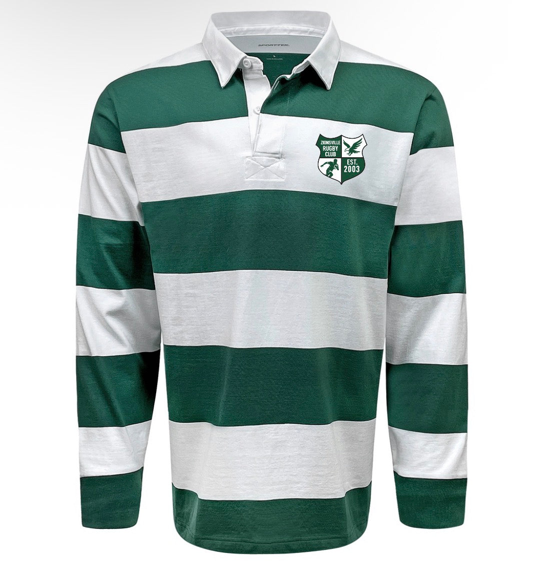 Zionsville Rugby Club Classic Long Sleeve Hooped Rugby Jersey - Green featuring horizontal green and white stripes, a white collar, and a club crest on the left chest.