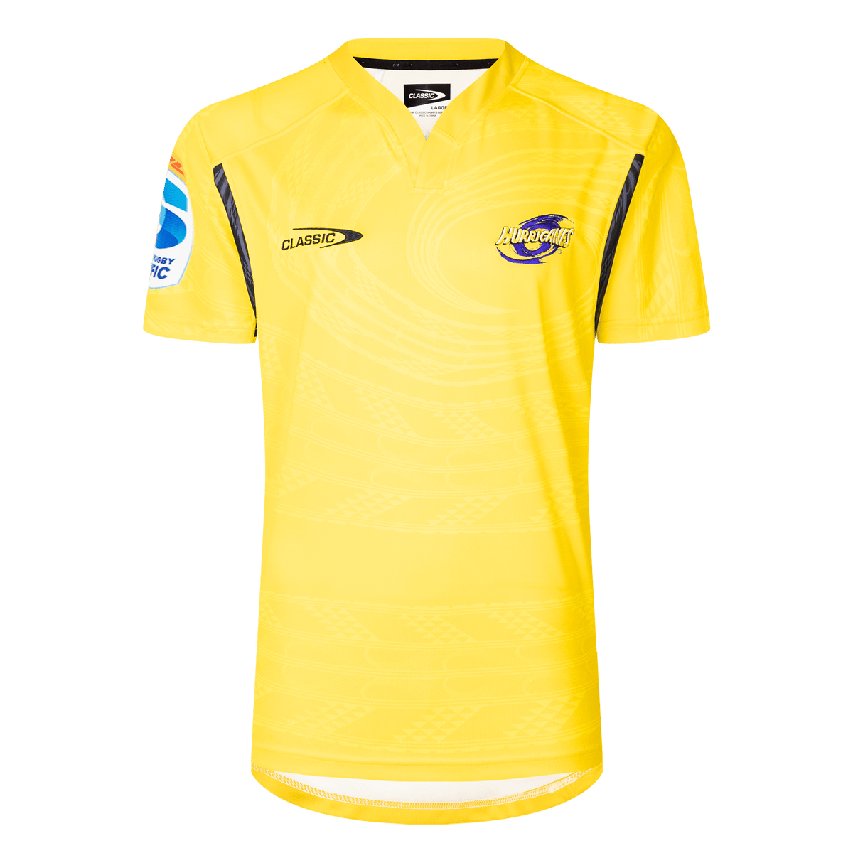 The Hurricanes Super Rugby 25/26 Replica Home Jersey by Classic Sportswear is a yellow sports jersey showcasing a blue and white logo on the left chest and "CLASSIC" on the right, perfect for passionate fans supporting their team.