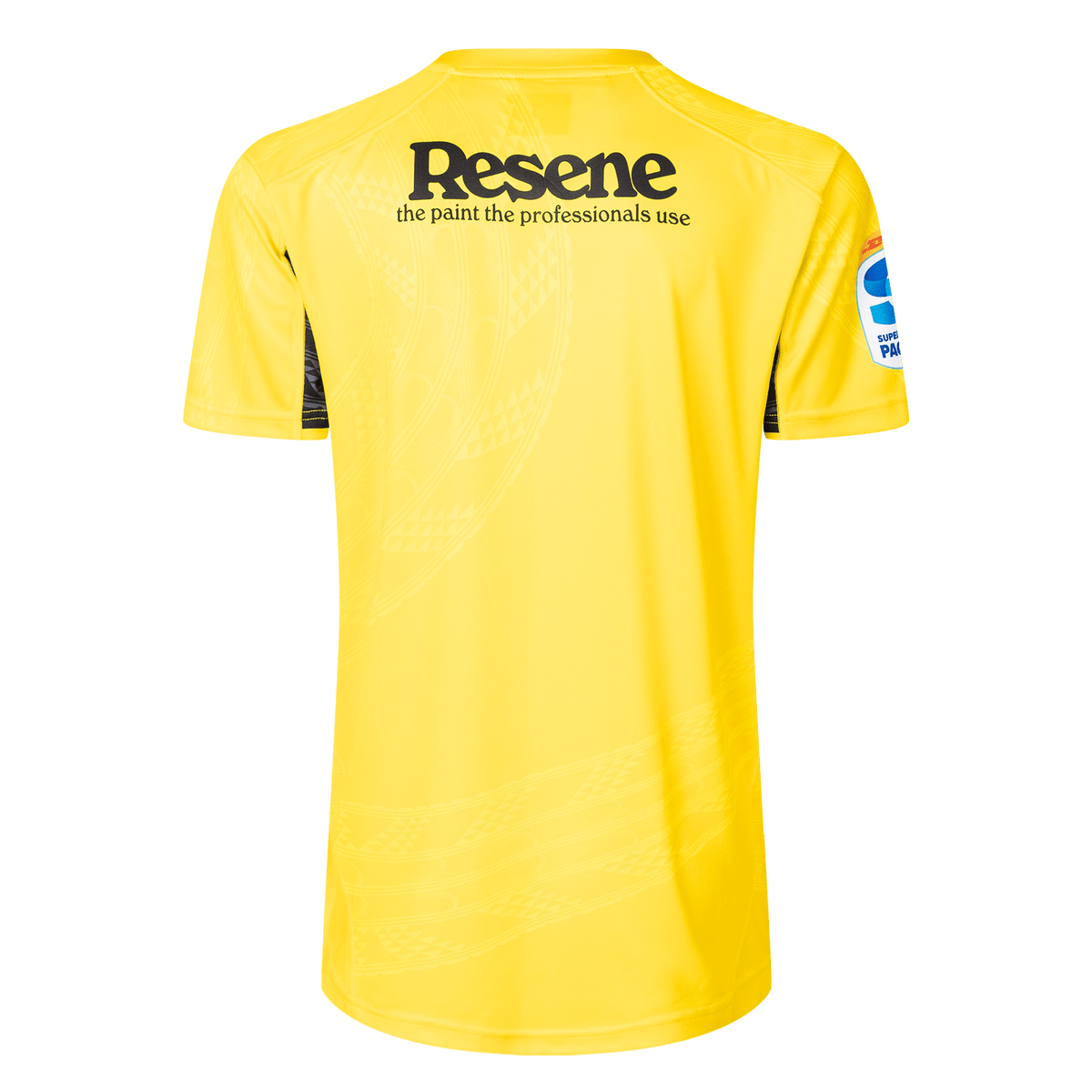 The Hurricanes Super Rugby 25/26 Replica Home Jersey by Classic Sportswear is a yellow jersey featuring the "Resene" sponsor logo on the upper back and a right sleeve with a blue, red, and white pattern typical of the Hurricanes style.