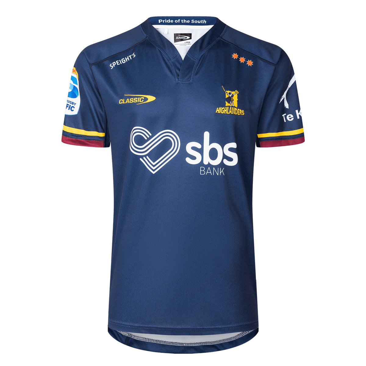 Support your team in the Highlanders Super Rugby 25/26 Replica Home Jersey by Classic Sportswear. This blue jersey showcases the "Highlanders" logo, sponsors (SBS Bank, Classic, Speight's Pacific), three stars, and "Pride of the South" on the collar. The moisture-wicking fabric ensures comfort and coolness.