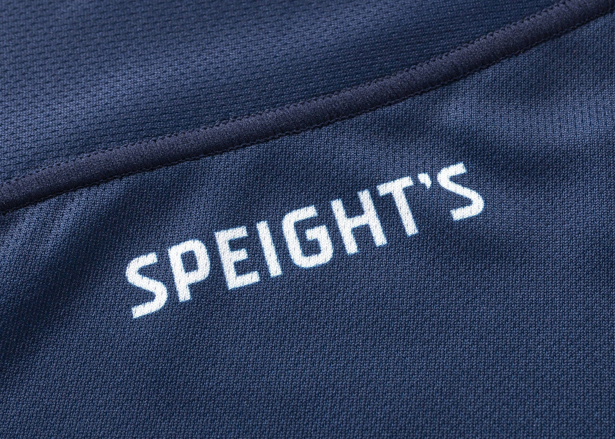 Close-up of navy blue fabric with the word "SPEIGHT'S" in white, showcasing the Highlanders Super Rugby 25/26 Replica Home Jersey by Classic Sportswear.