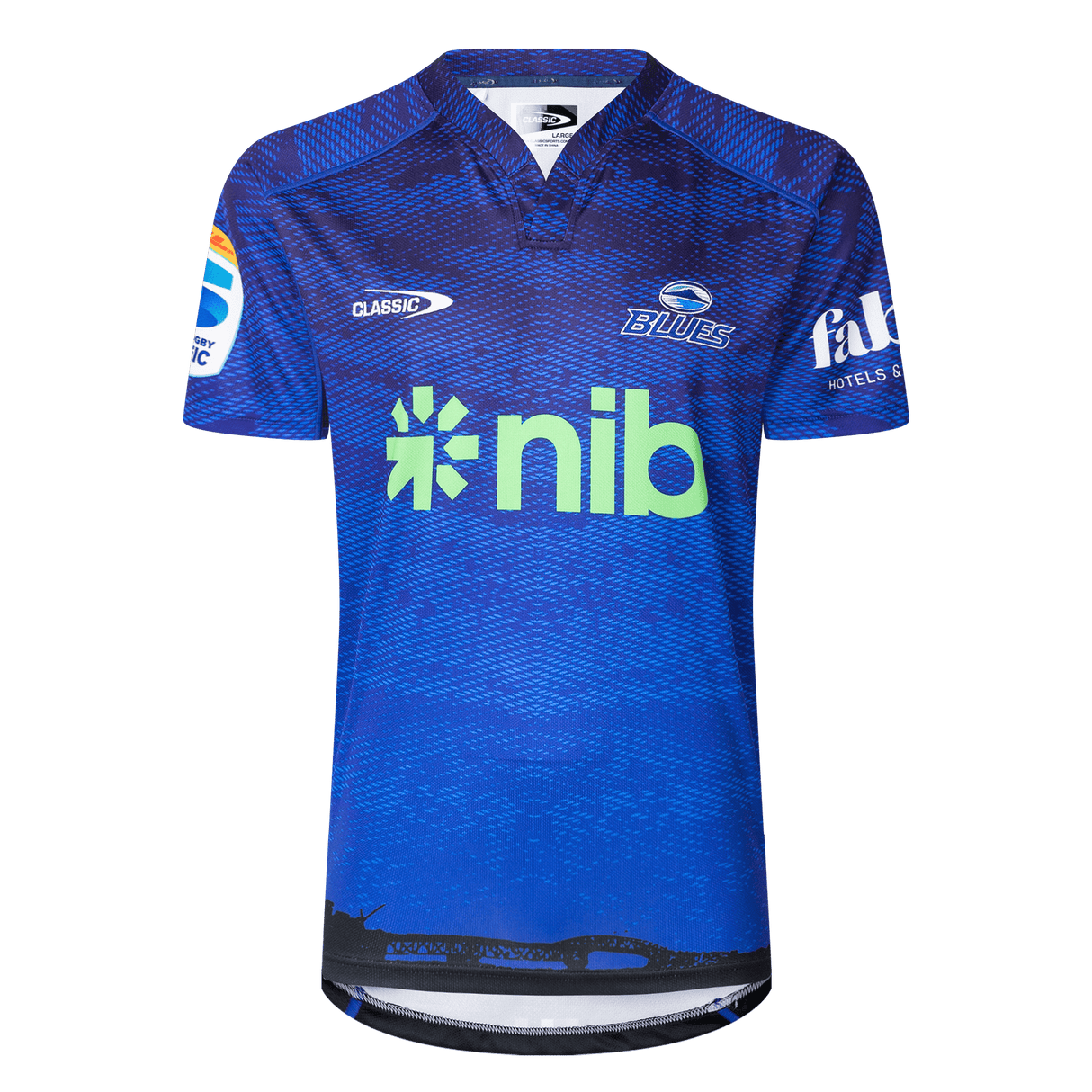 Blue and navy patterned sports jersey with "Blues Super Rugby" logo, features "nib" sponsor in green, crafted by Classic Sportswear.