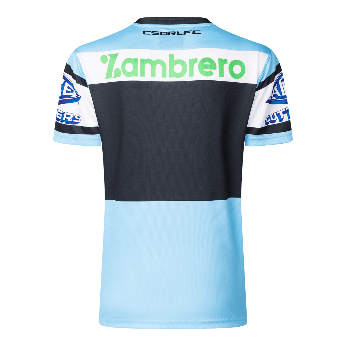 Light blue Sharks NRL 25/26 Replica Home Jersey by Classic Sportswear, showcasing black and white horizontal stripes. The text "CSDRLFC" appears on top with "Z.ambreo" in the middle, capturing the spirit of Cronulla Sutherland Sharks.