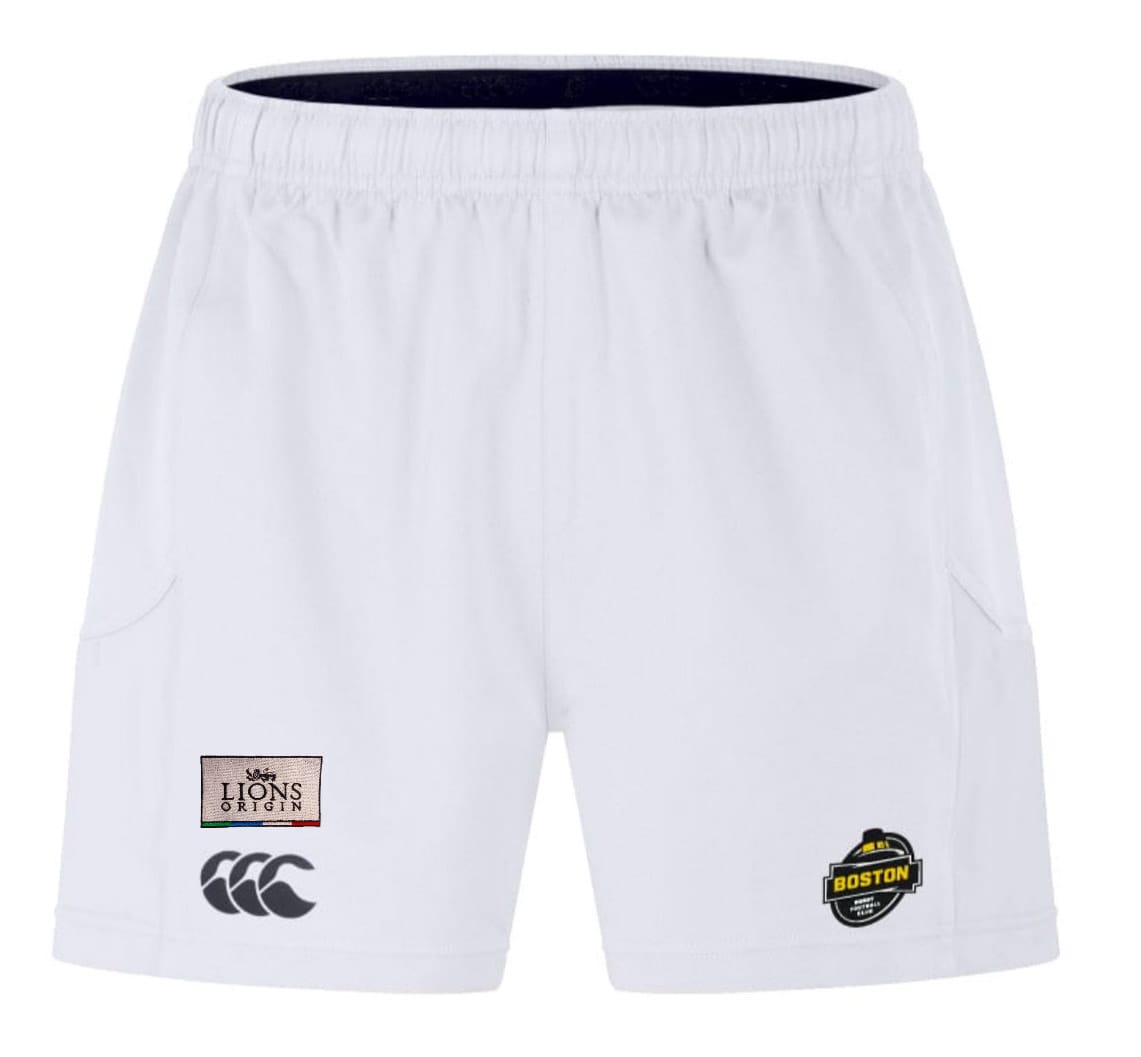 The Boston RFC Lions Origin Advantage Short 2.0 by EMB Canterbury features an elastic waistband, front logos, and is designed for performance and sustainability with recycled content.
