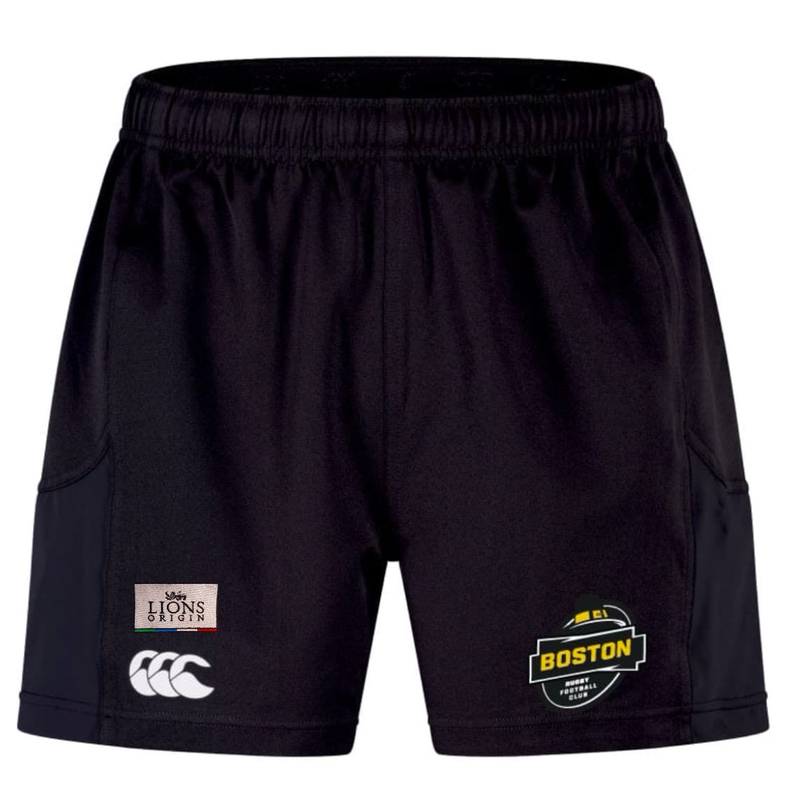 The Boston RFC Lions Origin Advantage Short 2.0 by EMB Canterbury features three front logos—Lions Origin, CCC, and a Boston rugby badge—offering athletic performance and sustainability with recycled materials.