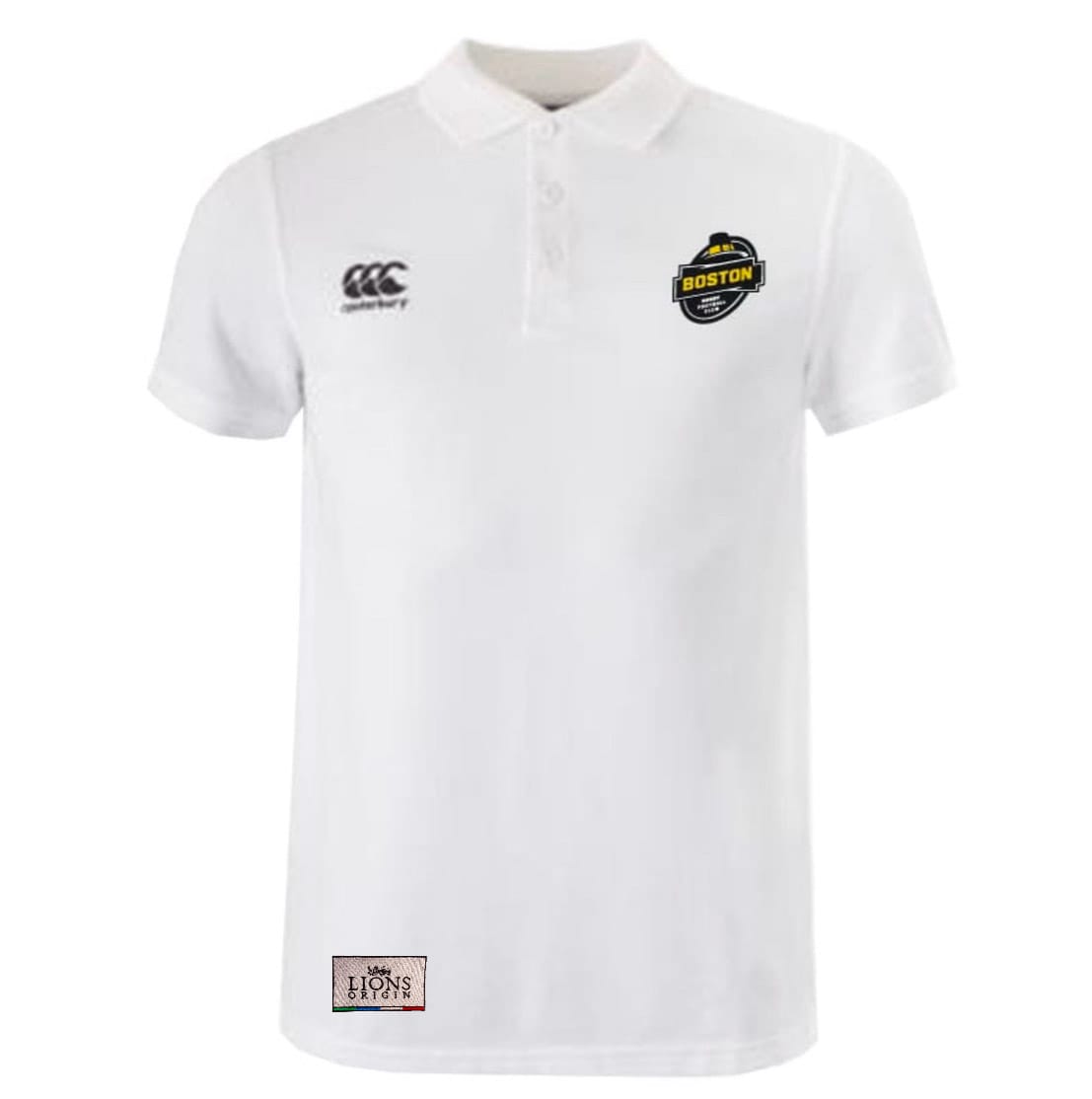 The EMB Canterbury Boston RFC Lions Origin Waimak Polo is a white short-sleeve shirt with a collar, made from a cotton-polyester blend. It features the Canterbury logo, a Boston chest badge, and a Lions patch near the hem.