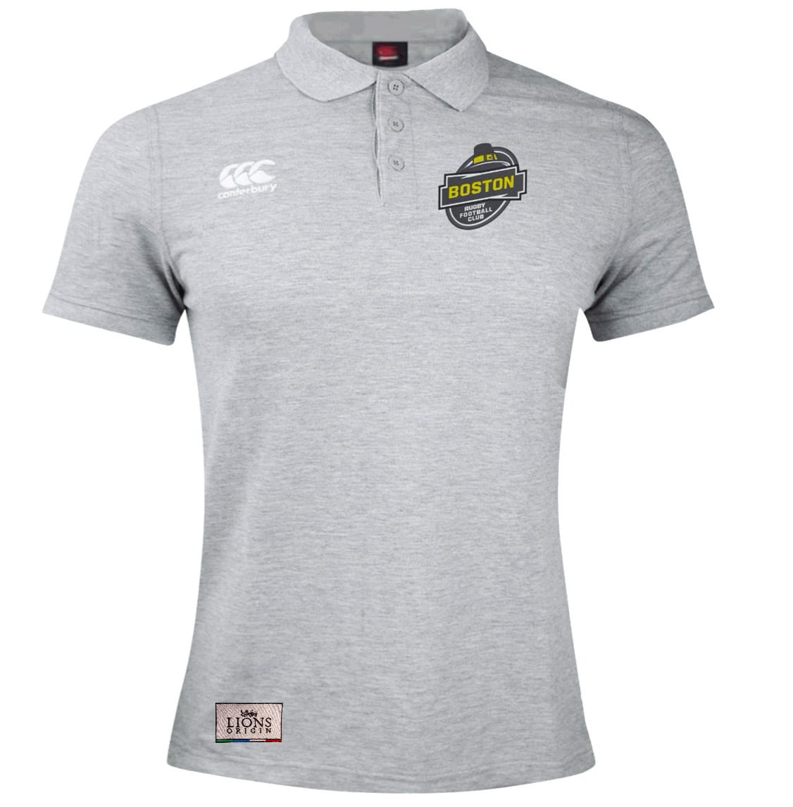 The Boston RFC Lions Origin Waimak Polo by EMB Canterbury is a light grey men’s short-sleeve polo with the Canterbury logo on the right chest, Boston rugby logo left chest, and a "Lions Tour" hem patch—ideal for any Rugby Polo collection.