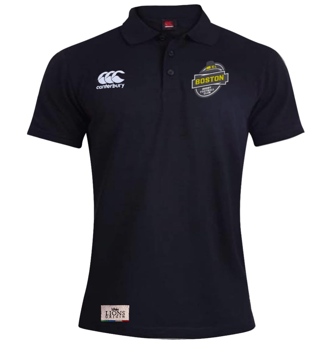 The Boston RFC Lions Origin Waimak Polo by EMB Canterbury is a black cotton-polyester short-sleeve rugby polo with a "Boston" logo on the left chest, Canterbury logo on the right chest, and a "Lions Sport" patch near the hem.