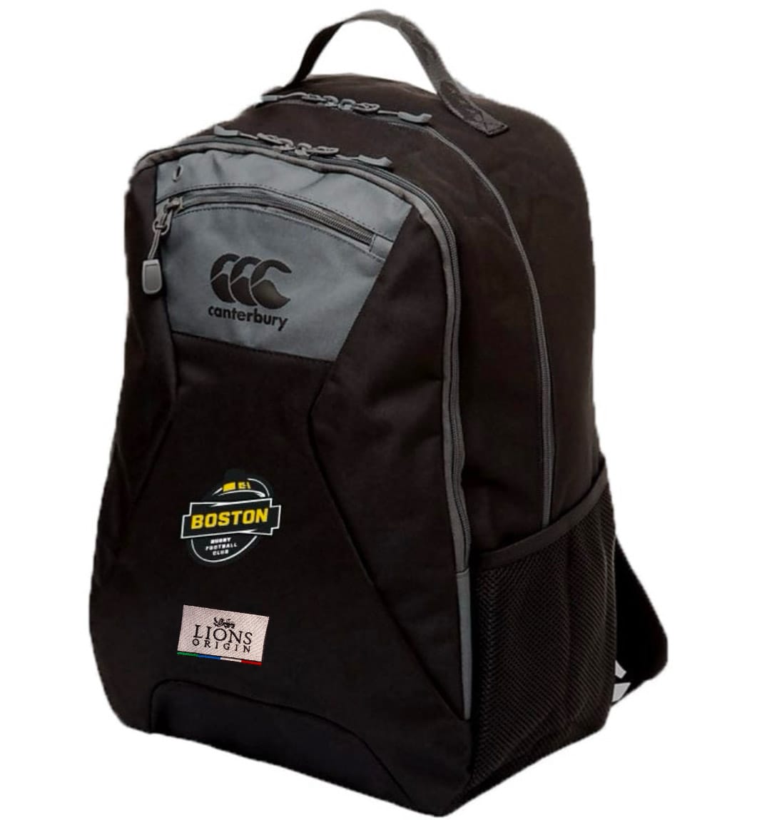The EMB Canterbury Boston RFC Lions Origin Medium Backpack features two zippered compartments, mesh side pocket, ergonomic straps, a top handle, and water repellent coating. Decorated with Boston and Lions Origin patches.