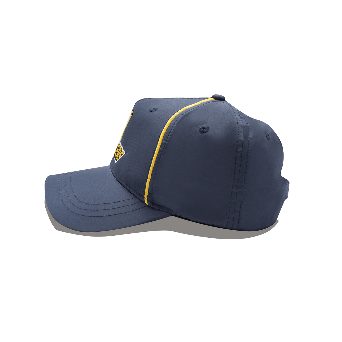 Side view of the Highlanders Super Rugby Media Cap 25/26 by Classic Sportswear, featuring dark blue color with yellow piping and "Highlanders Super Rugby" text on the front.