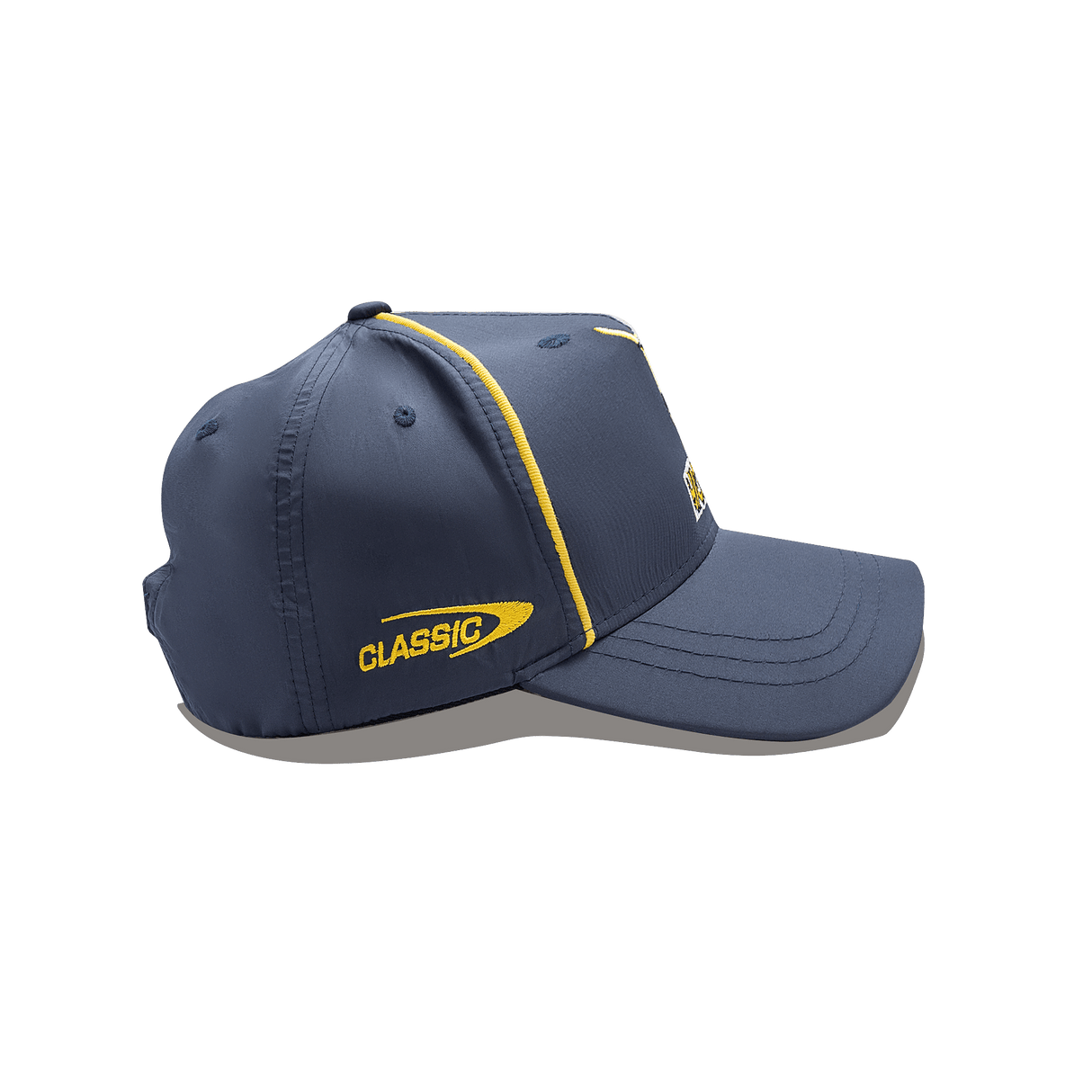 The Highlanders Super Rugby Media Cap 25/26 by Classic Sportswear is a blue baseball cap with yellow stripes, featuring the "CLASSIC" logo on the side, perfect for fans of Super Rugby or Highlanders supporters.