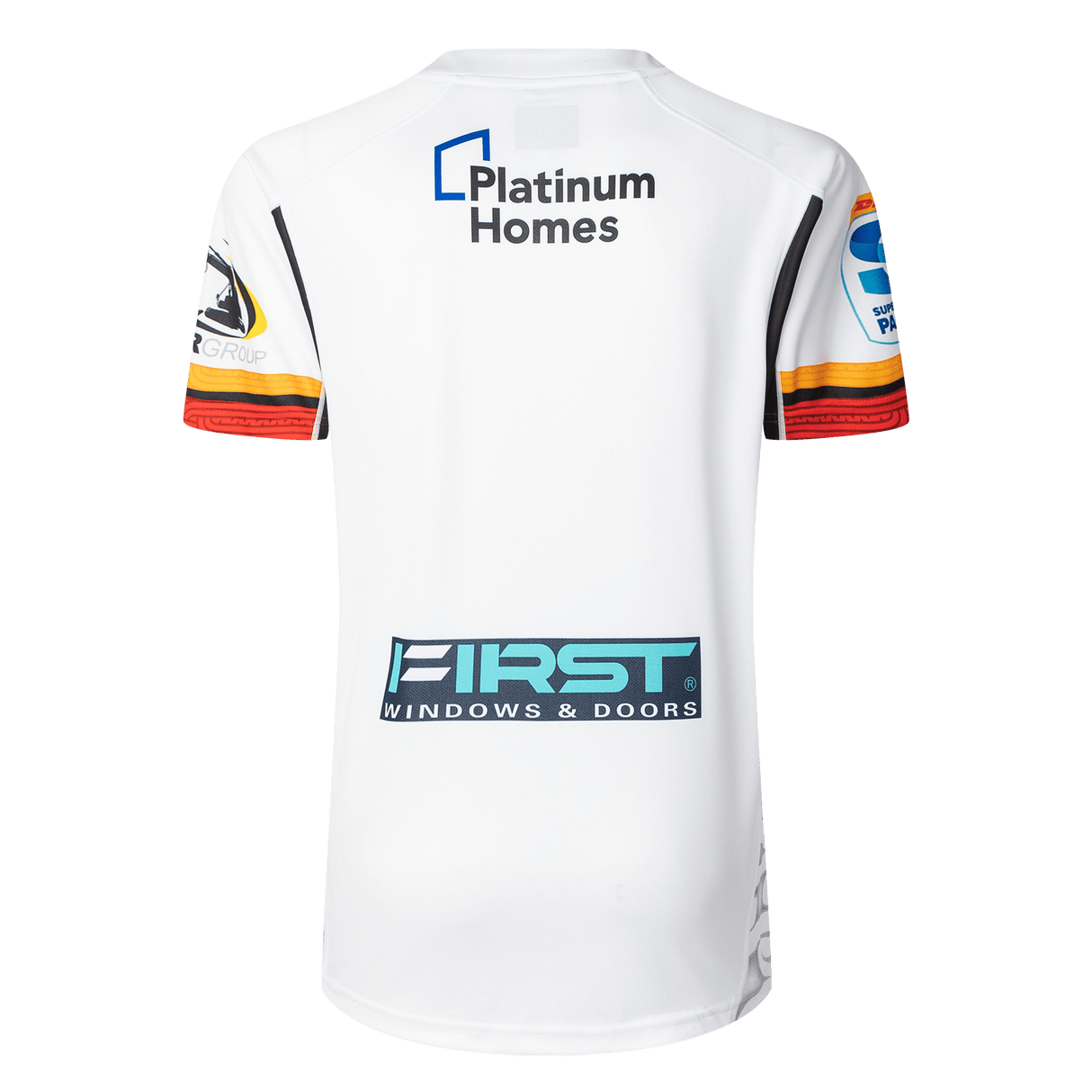 The Gallagher Chiefs Super Rugby Replica Away Jersey 25/26 by Classic Sportswear features black, yellow, and red sleeve accents. It includes sponsor logos "Platinum Homes" and "First Windows & Doors" on the back, epitomizing Super Rugby style.