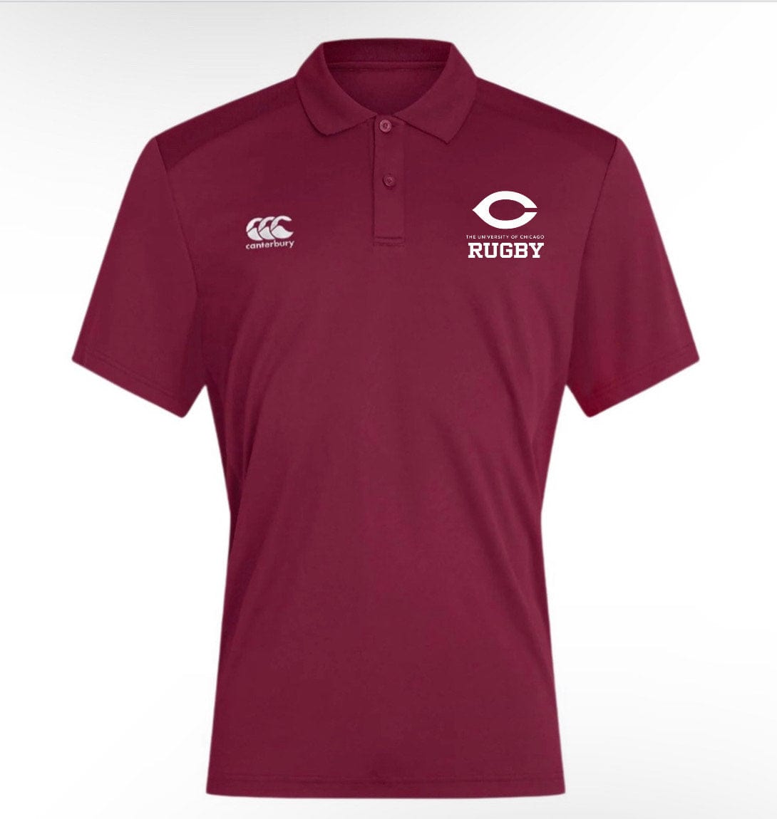 The Maroon University of Chicago Club Dry Polo by EMB Canterbury features "Rugby" and a logo on the right chest, the Canterbury logo on the left, and has advanced Vapodri Technology for enhanced breathability.