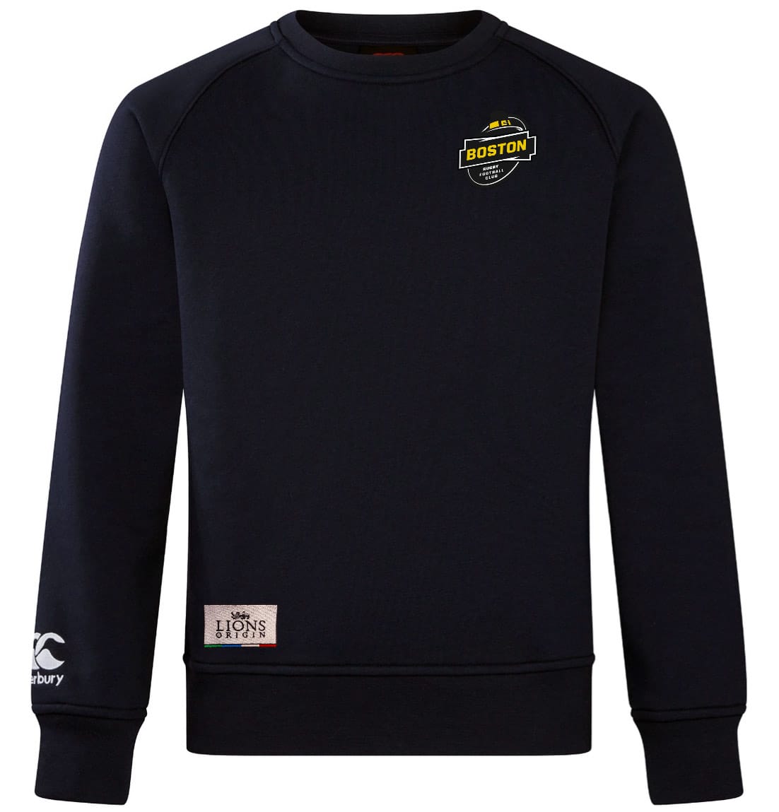 The Boston RFC Lions Origin Club Crew Sweatshirt by EMB Canterbury features a small yellow "Boston" logo on the left chest, a "Lions" patch by the hem, and an embroidered white CCC logo on the right sleeve. Ultra soft for all-day comfort.
