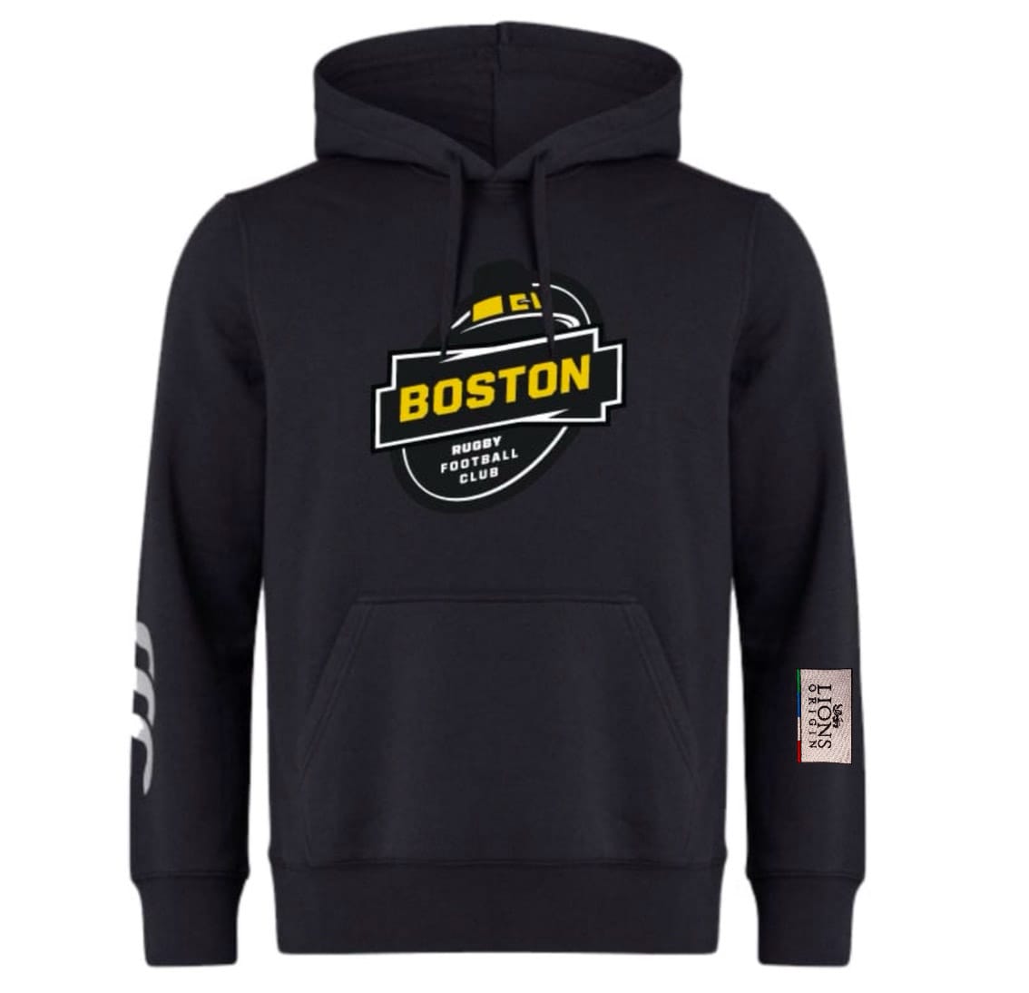The Boston RFC Lions Origin Club Hoodie by EMB Canterbury features soft sweatshirt fleece, a chest "Boston Rugby Football Club" logo, white sleeve logo, small white cuff tag, and offers customization options.