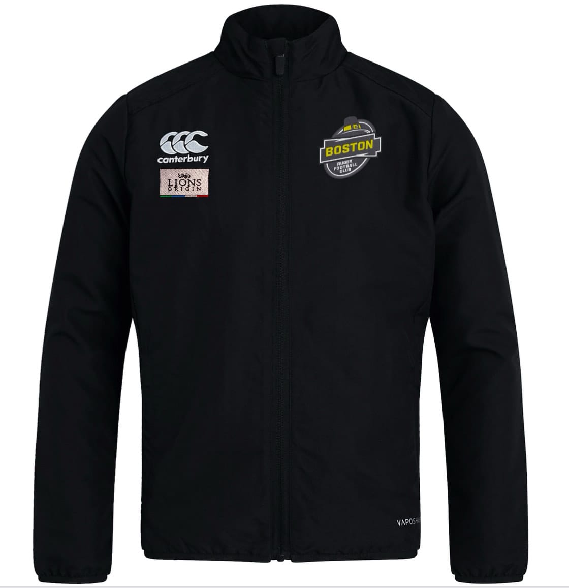 The Boston RFC Lions Origin Club Track Jacket by Canterbury is a lightweight, water-repellent black zip-up featuring the EMB Canterbury logo, a Lions patch, and a Boston Rugby Football Club badge on the front.