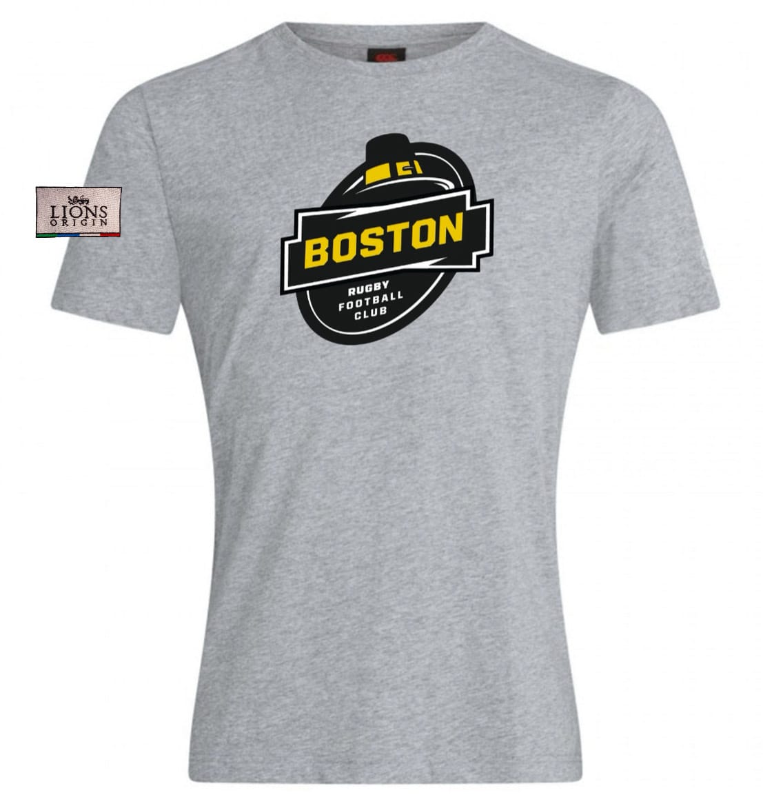 The Boston RFC Lions Origin Club Plain Tee by EMB Canterbury is a light gray tee with a black and yellow "Boston Rugby Football Club" chest logo and a small "Lions Origin" tag on the left sleeve, crafted from a premium cotton-heavy blend.
