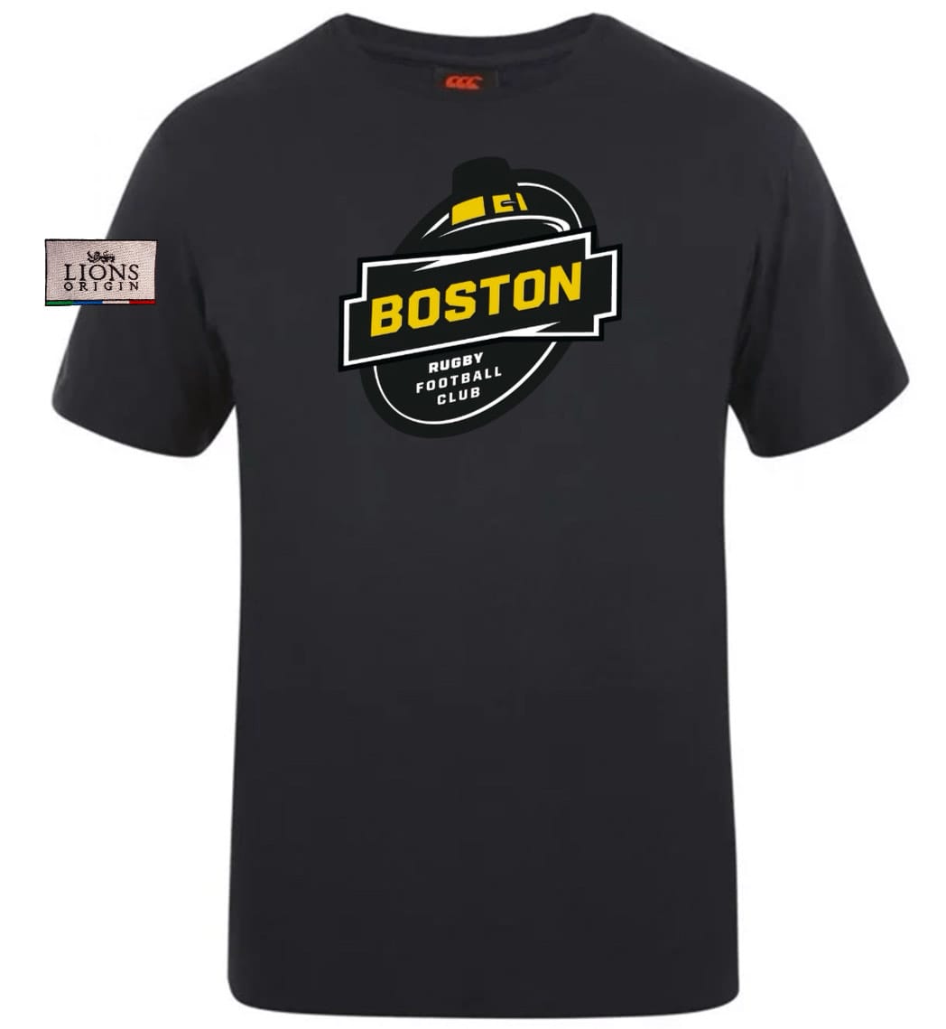 The Boston RFC Lions Origin Club Plain Tee by EMB Canterbury is a black tee with a "Boston Rugby Football Club" logo in yellow, white, and black on the chest, crafted from a premium cotton-heavy blend for comfort and durability.