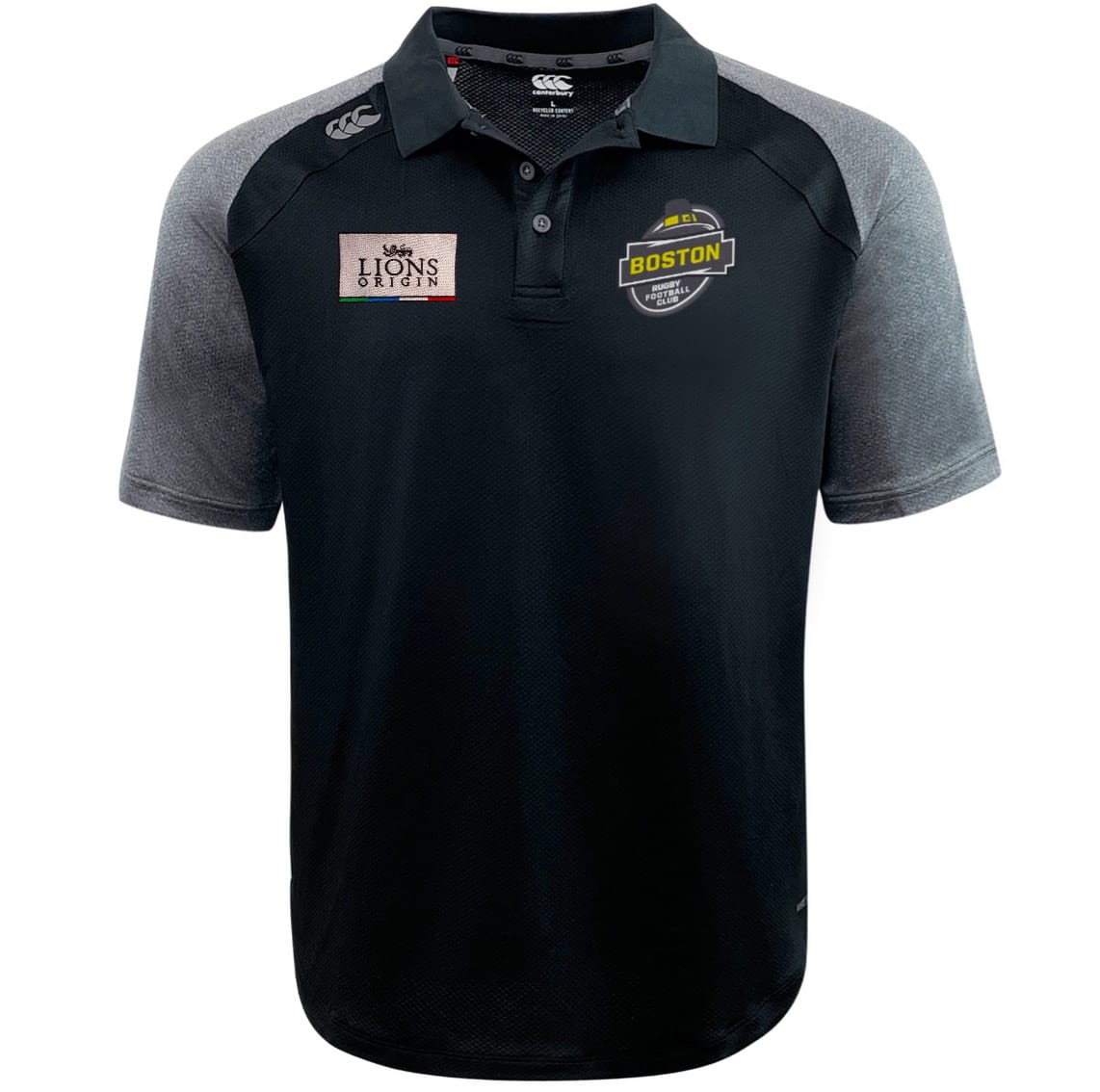 The EMB Canterbury Boston RFC Lions Origin Elite Polo features black and gray colors, chest logos, a collared design, and is made with advanced Vapodri fabrics for superior comfort.