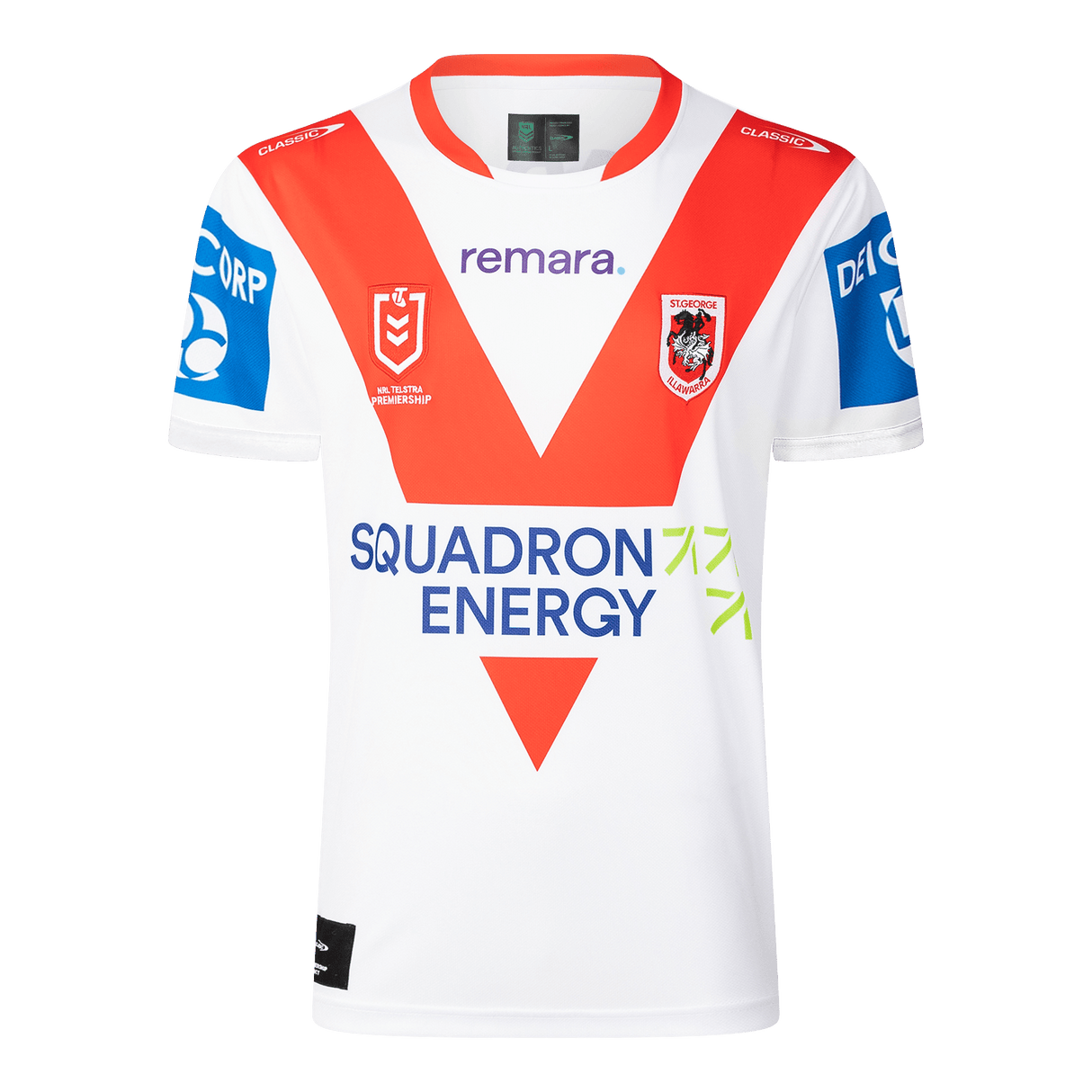 Classic Sportswear introduces the Dragons NRL 25/26 Replica Home Jersey, a white sports jersey with red and blue accents. It showcases "remara" and "Squadron Energy" logos, featuring a bold red chevron on the front.