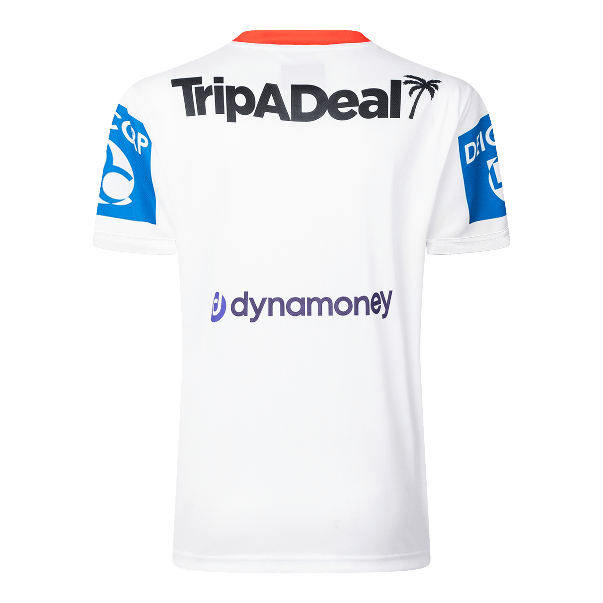 Back view of the white Dragons NRL 25/26 Replica Home Jersey by Classic Sportswear, showcasing "TripADeal" and "dynamoney" logos with blue sleeve accents.