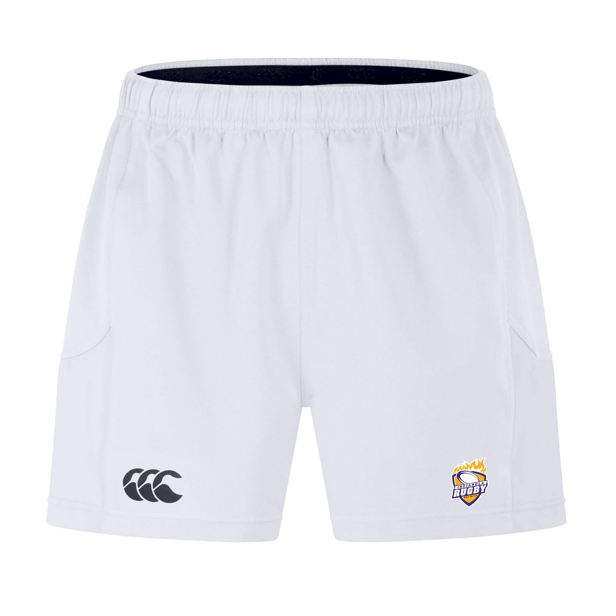 The Indianola Rugby Advantage Short 2.0 by EMB Canterbury blends sustainability with style, featuring an elastic waistband and recycled materials. It includes a black Canterbury logo on the left and a colorful team emblem on the right for ultimate performance.