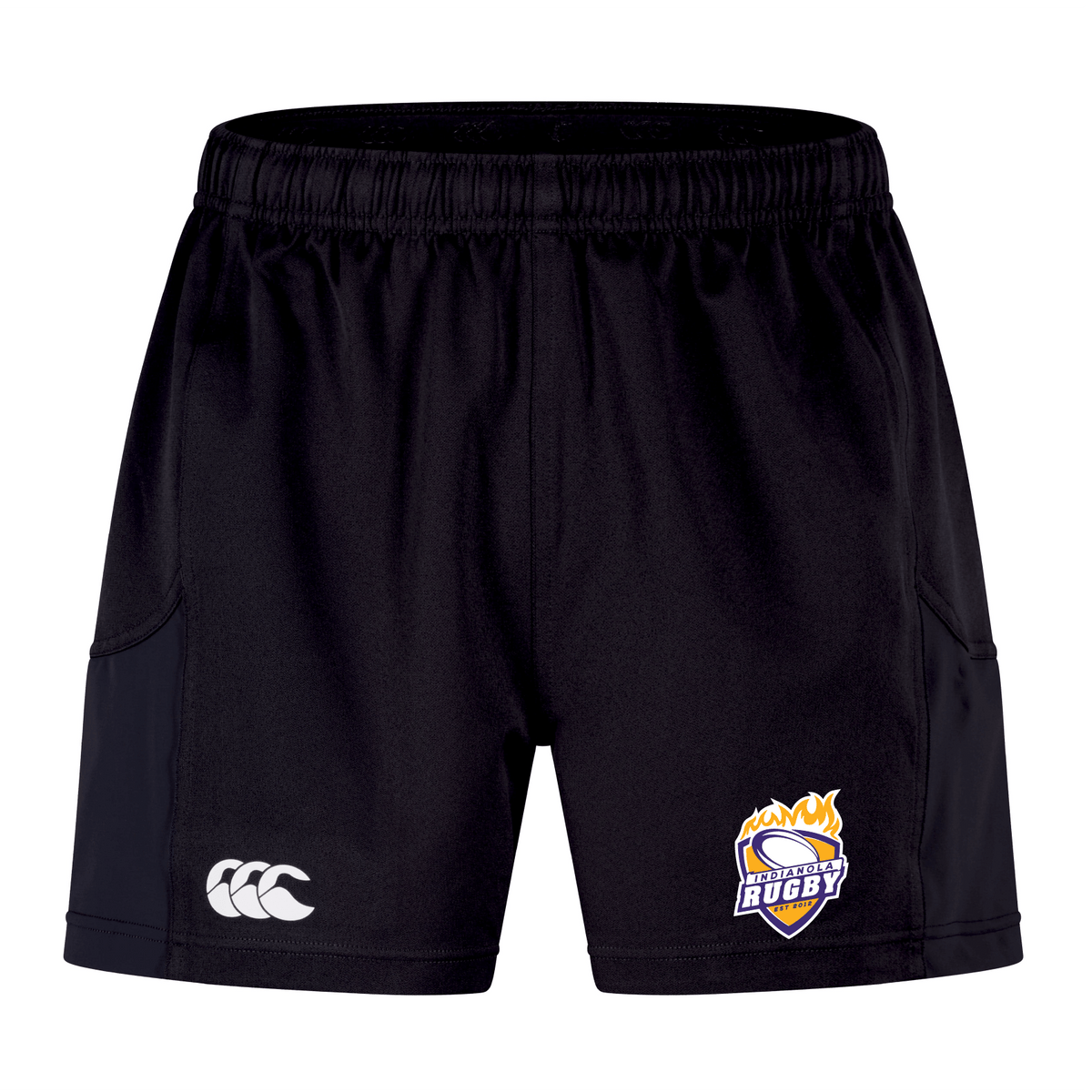 The Indianola Rugby Advantage Short 2.0 by EMB Canterbury in black features a white Canterbury logo and team emblem, optimized for performance with eco-friendly recycled content.