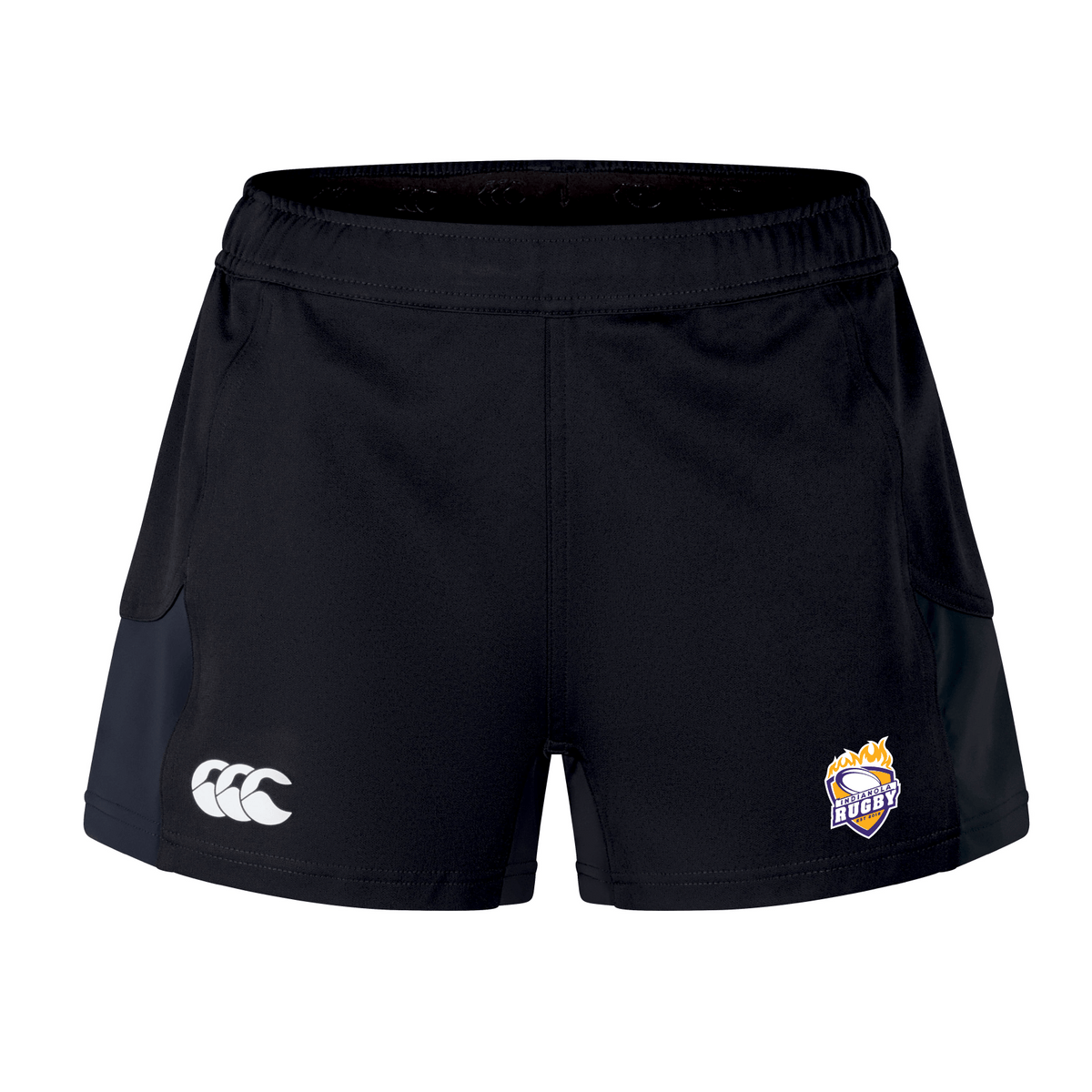 The Indianola Rugby Women's Advantage Short 2.0 by EMB Canterbury features black rugby shorts with a "CCC" logo on the left and a rugby emblem on the right, crafted for performance sustainability using recycled materials for an eco-friendly choice.
