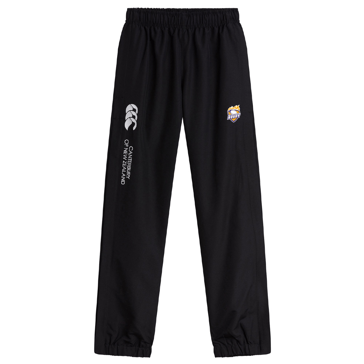 The Indianola Rugby Cuffed Hem Stadium Pant by EMB Canterbury features a stylish cuffed hem, elastic waistband, and logos on the left side, making it perfect for rugby enthusiasts.