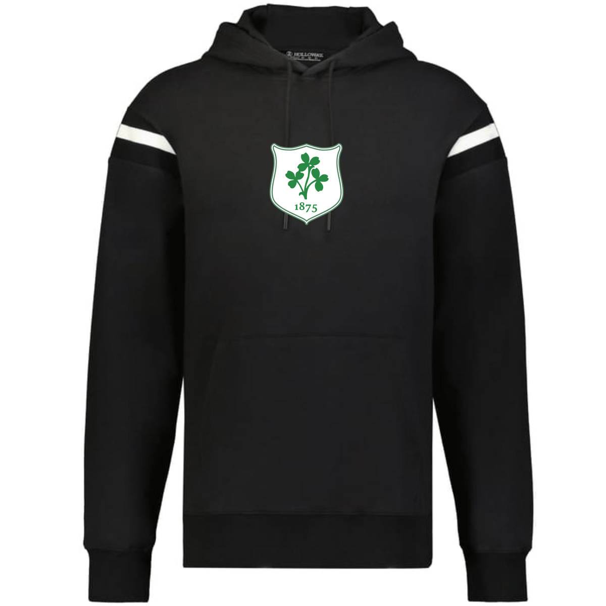 The WRS Augusta Ireland Heritage Prep Vintage Shield Hoodie is black with white sleeve stripes and a green and white "1875" crest on the chest.